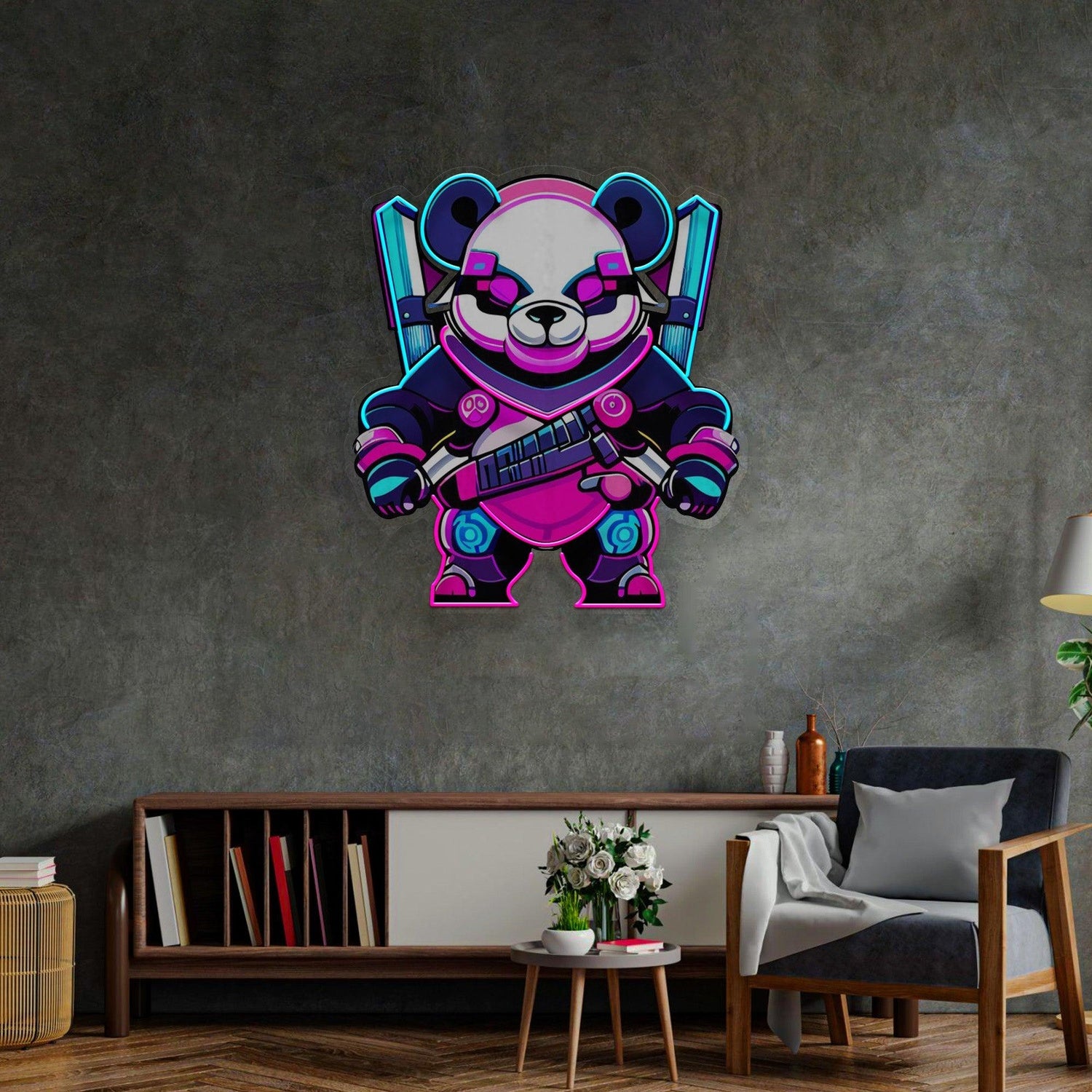 Cyber Panda Warrior Uv Printed Led Neon Sign With Blue Pink Purple For Home Decor | Shineneon