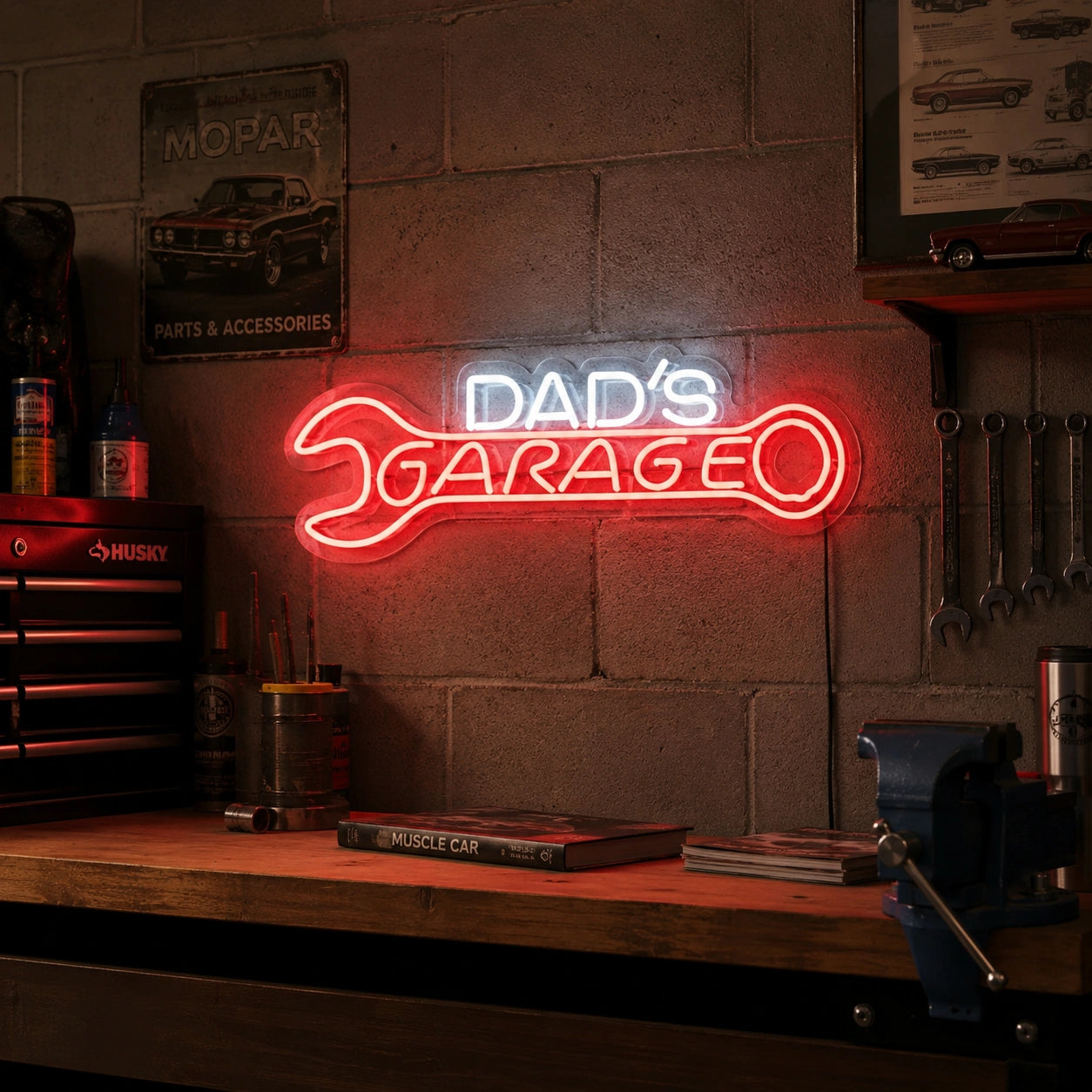 Dad's Garage Wrench Neon Sign LED Neon Sign real lifestyle scene