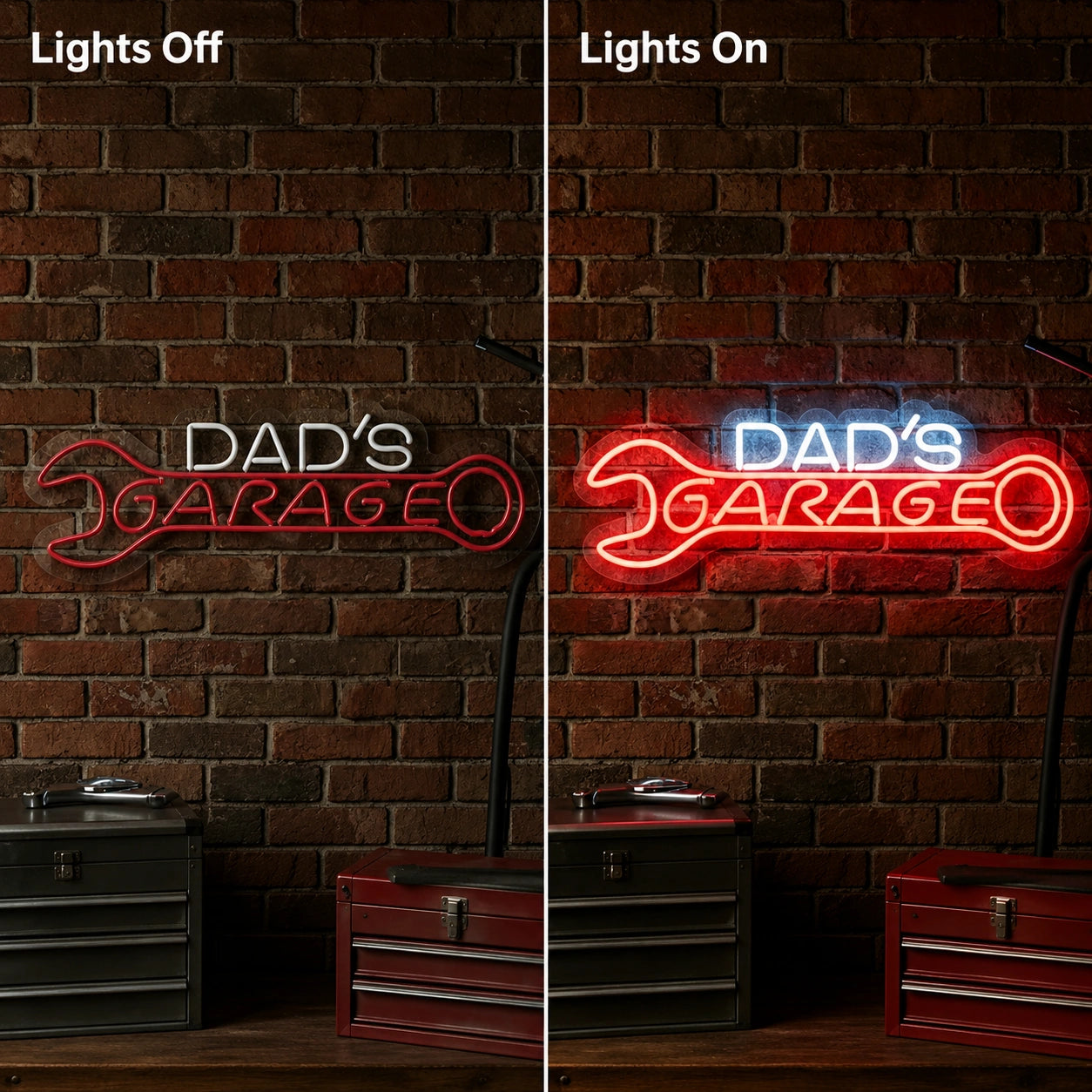 Dad's Garage Wrench Neon Sign LED Neon Sign day and night comparison