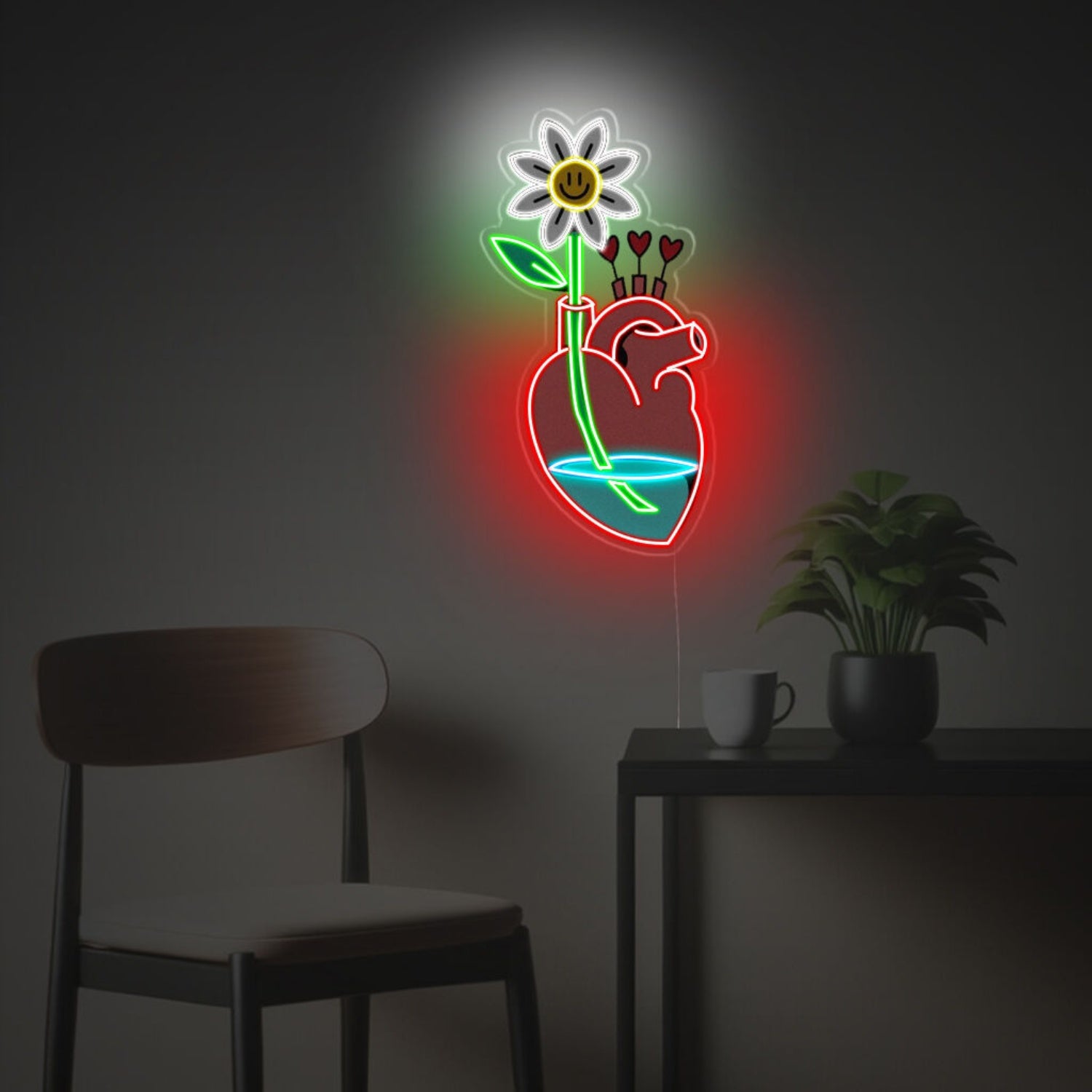 Daisy With Human Heart Vase Led Neon Acrylic Artwork | Shineneon