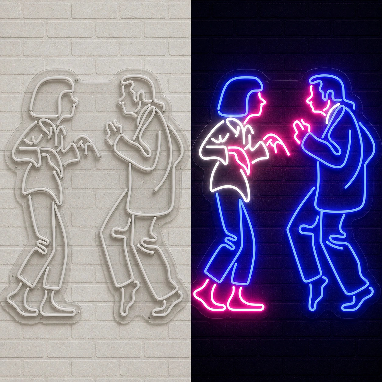 Dancing Couple Vintage LED Neon Sign day and night comparison