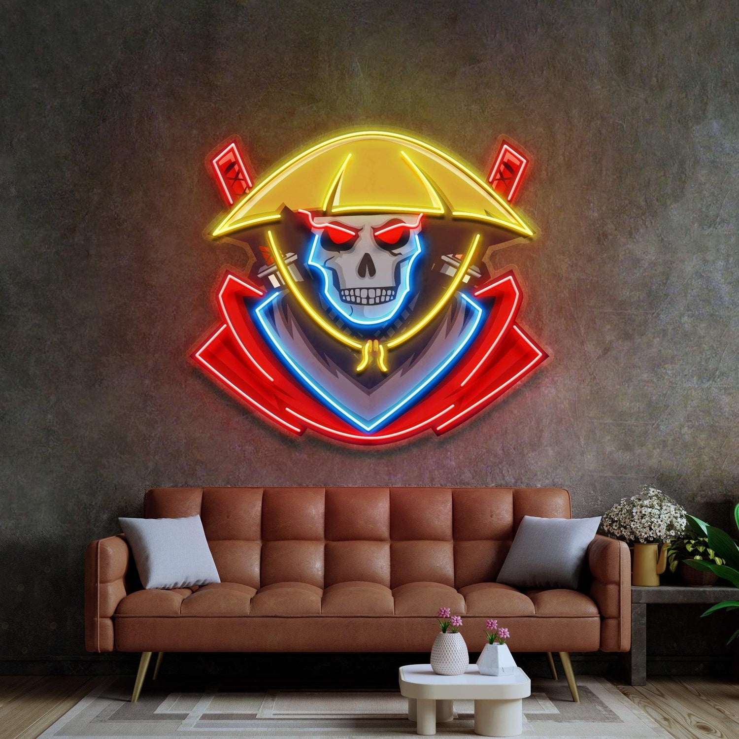 Dark Samurai Skull With Crossed Swords Uv Printed Led Neon Sign For Game Room Decor | Shineneon