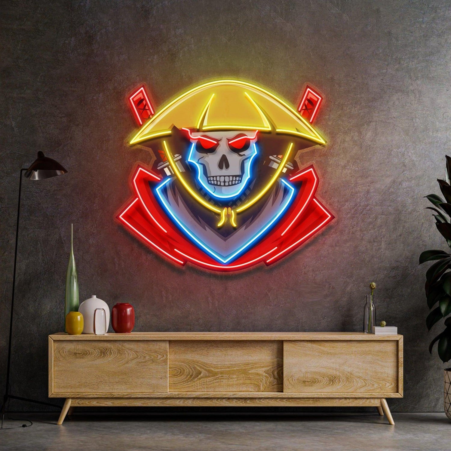 Dark Samurai Skull With Crossed Swords Uv Printed Led Neon Sign For Game Room Decor | Shineneon