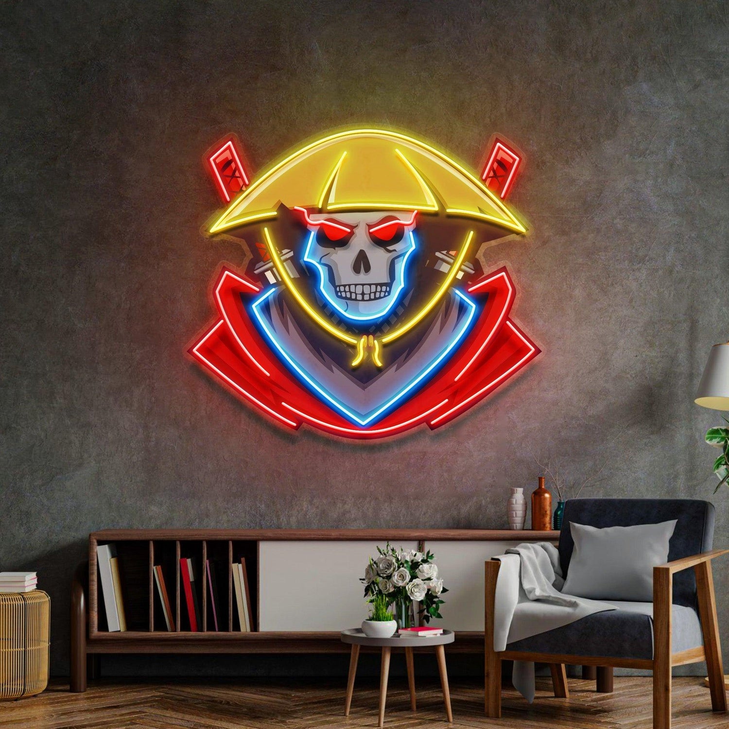Dark Samurai Skull With Crossed Swords Uv Printed Led Neon Sign For Game Room Decor | Shineneon