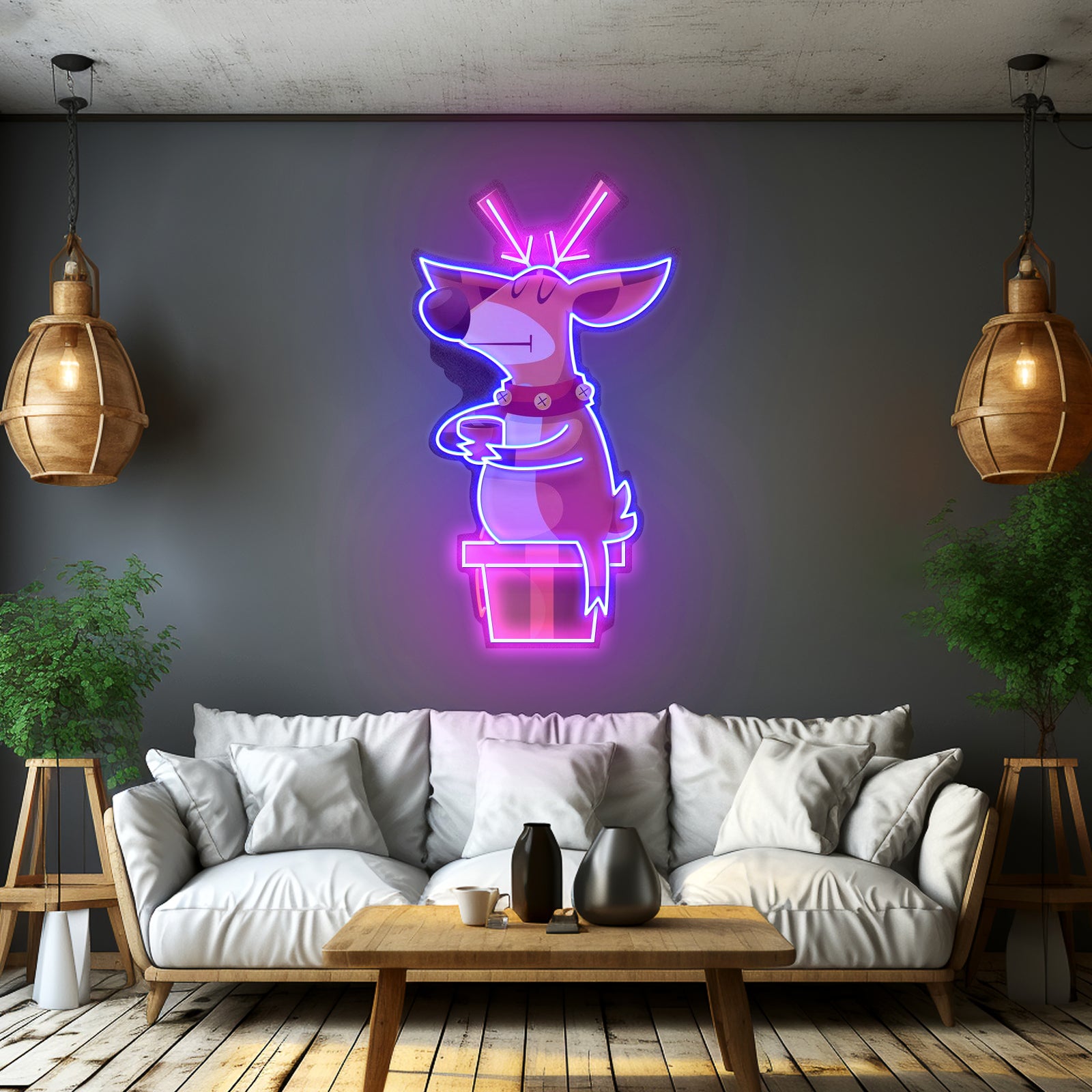 Deer On Gift Christmas Led Neon Acrylic Artwork For Sale