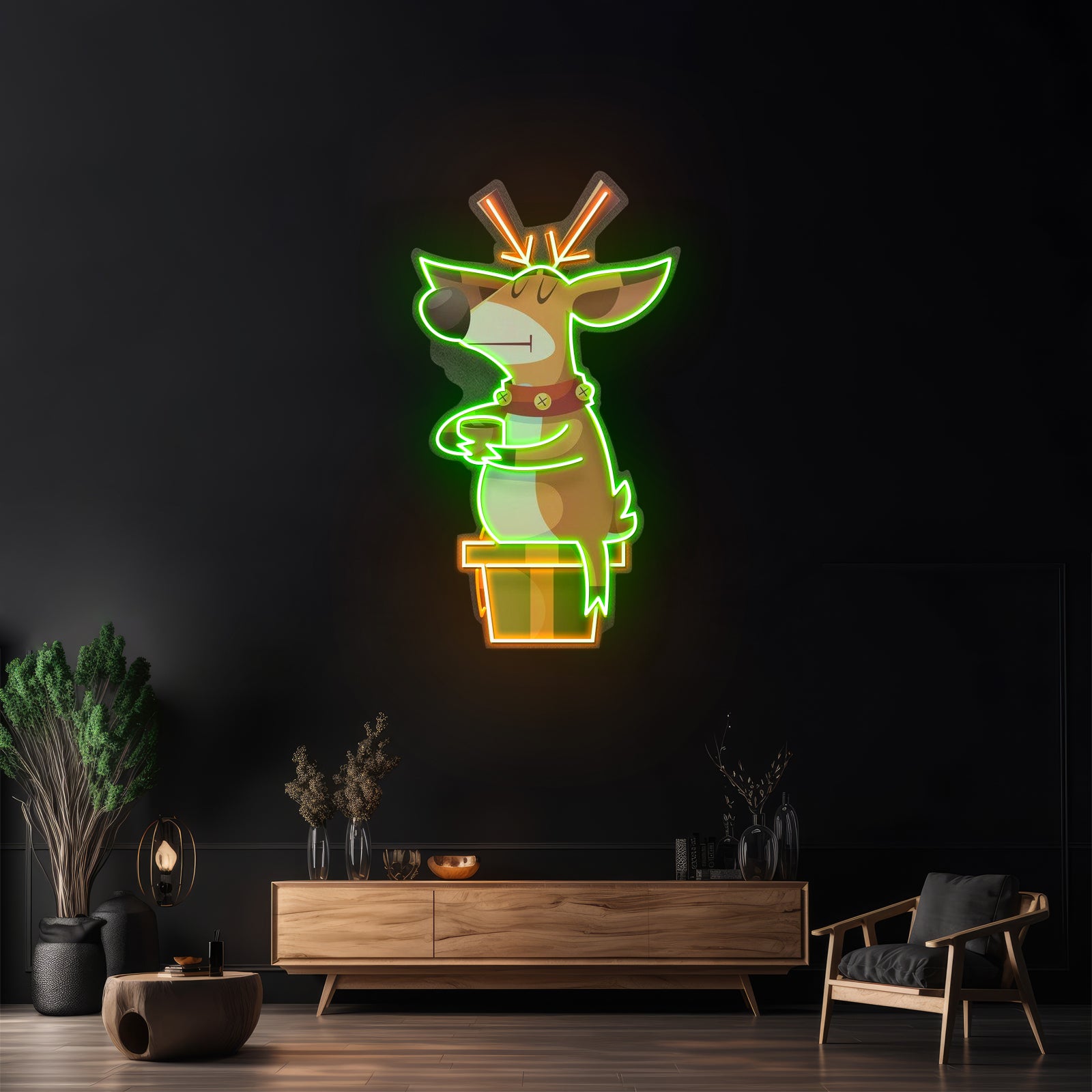 Deer On Gift Christmas Led Neon Acrylic Artwork For Sale