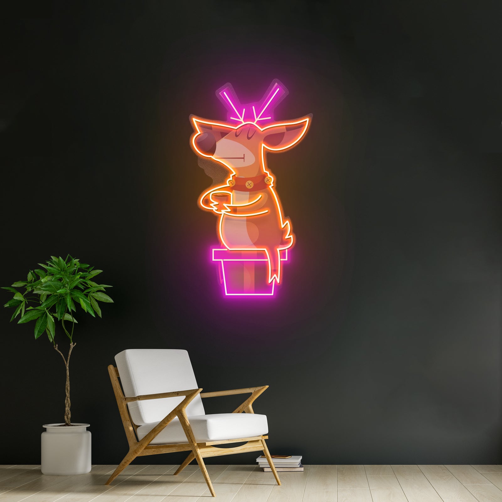 Deer On Gift Christmas Led Neon Acrylic Artwork For Sale