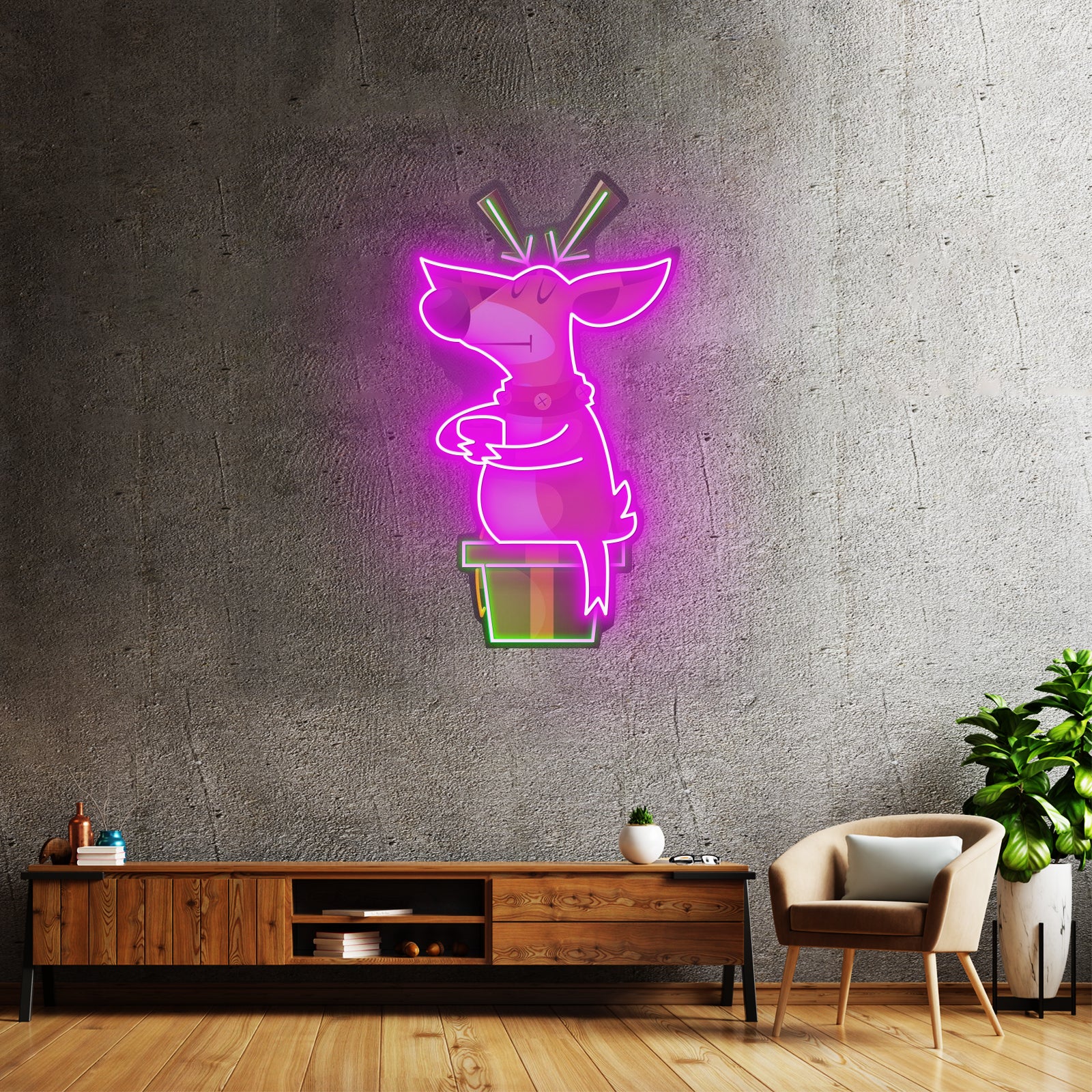 Deer On Gift Christmas Led Neon Acrylic Artwork For Sale