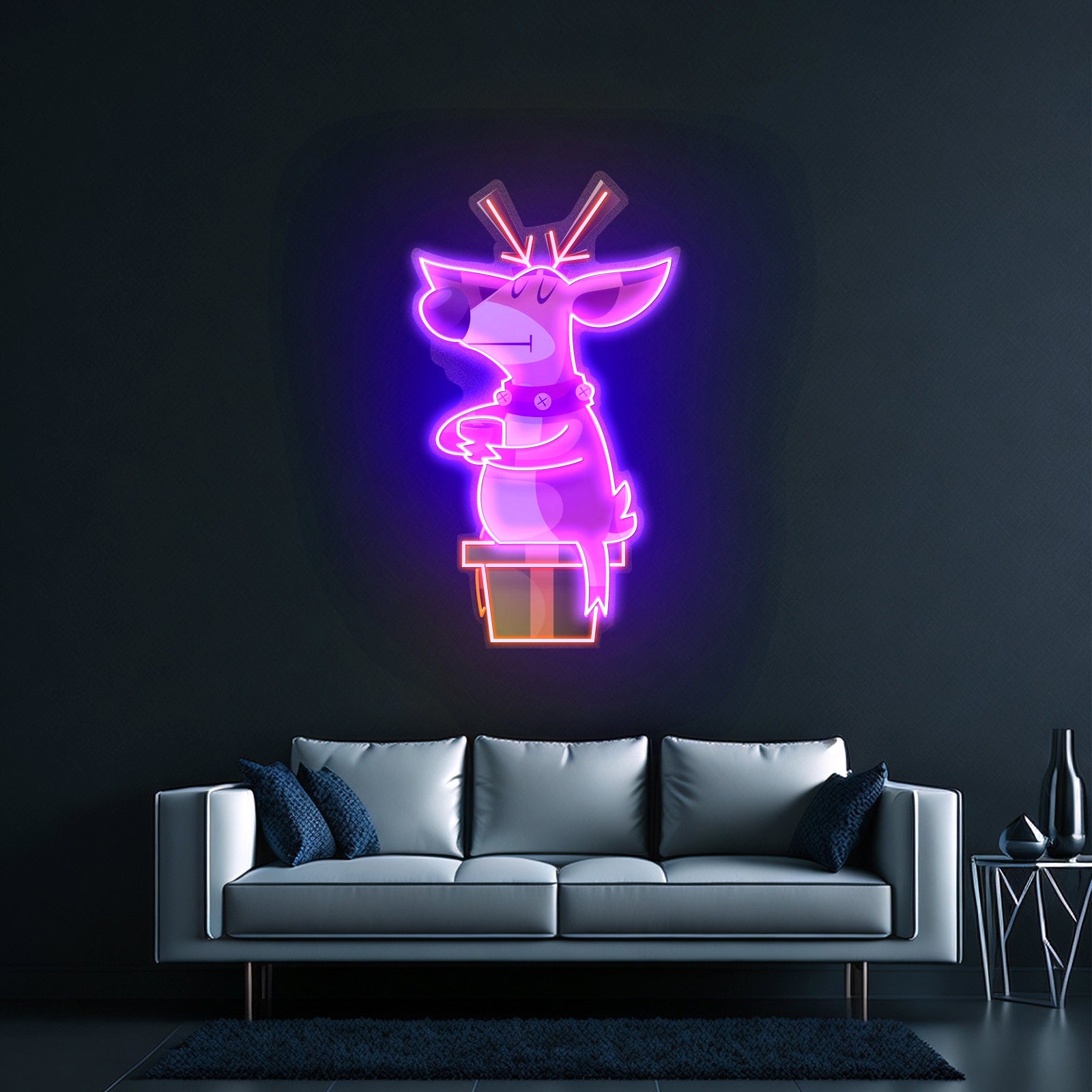 Deer On Gift Christmas Led Neon Acrylic Artwork For Sale