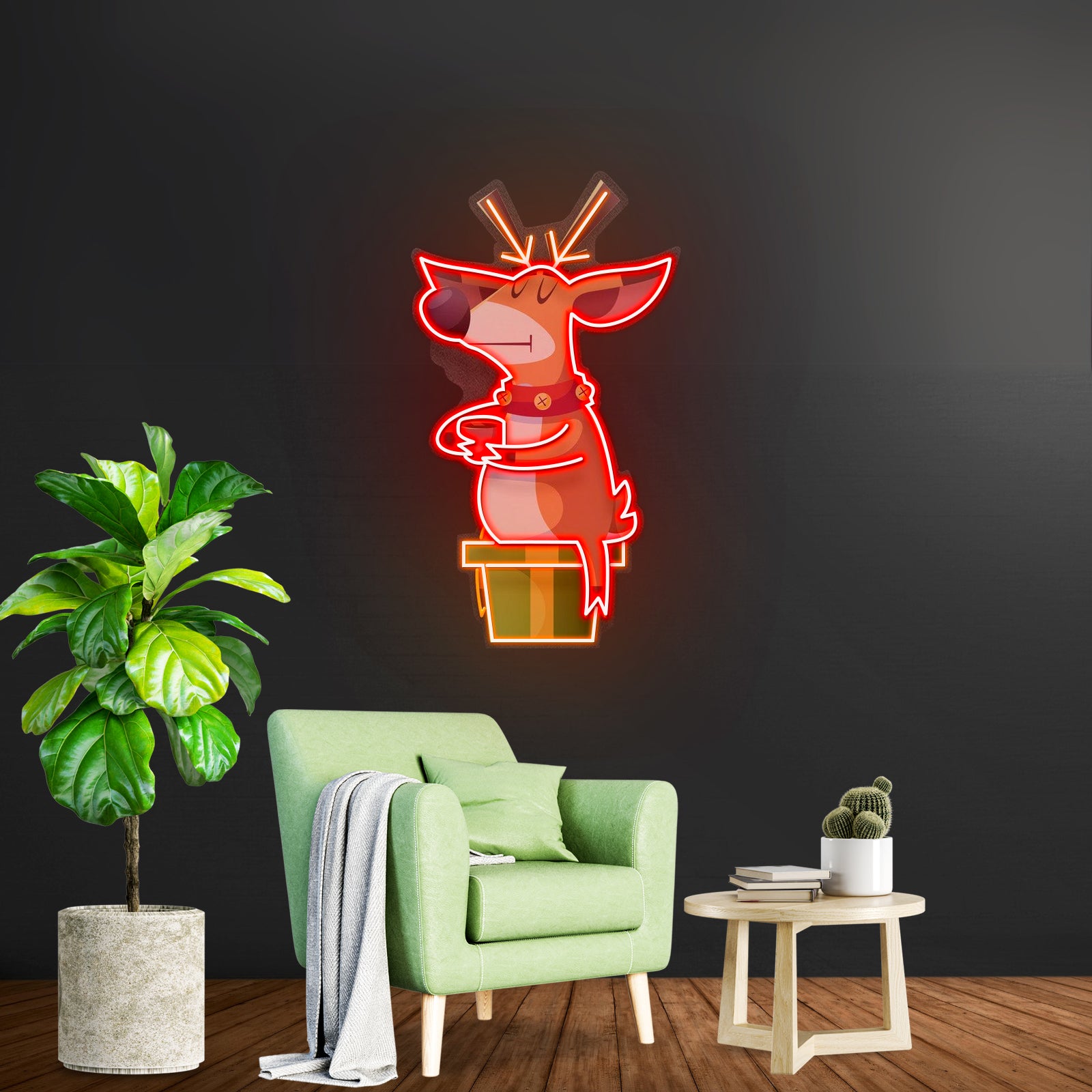 Deer On Gift Christmas Led Neon Acrylic Artwork For Sale