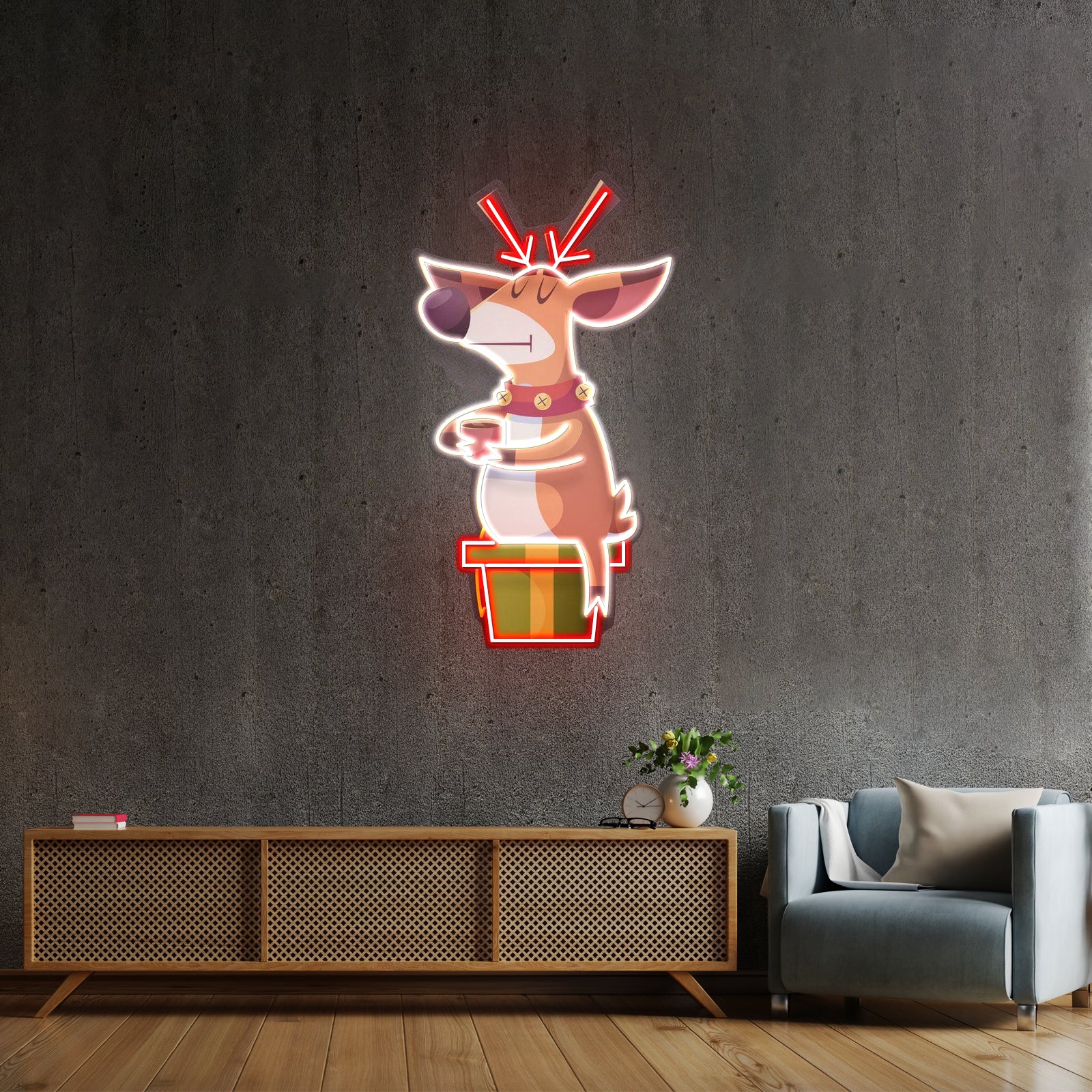 Deer On Gift Christmas Led Neon Acrylic Artwork For Sale