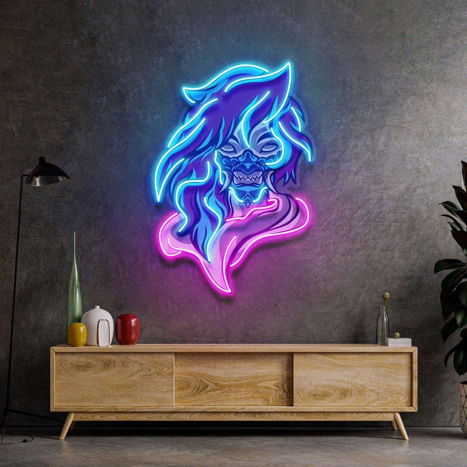 Demon Mascot Blue-Pink Uv Printed Led Neon Sign For Dark Theme Room Decor | Shineneon