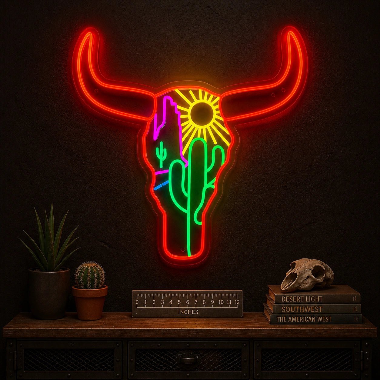 Desert Bull Skull Cactus Sun Vintage LED Neon Sign - Shineneon