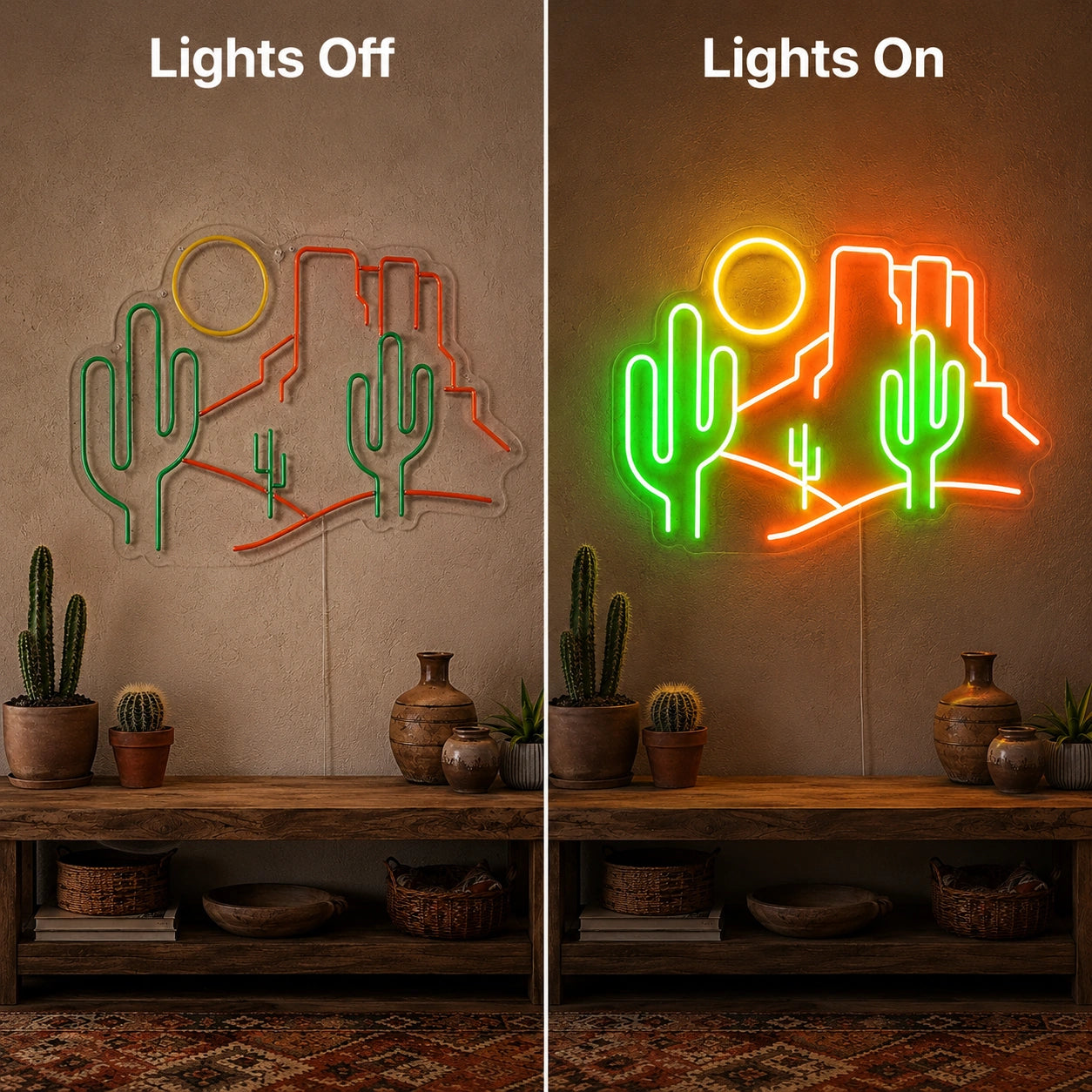 Desert Cactus Landscape LED Neon Sign Man Cave Neon Sign day and night comparison