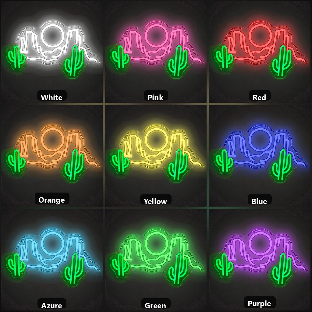 Desert Cactus Mountains Sun Vintage LED Neon Sign color grid