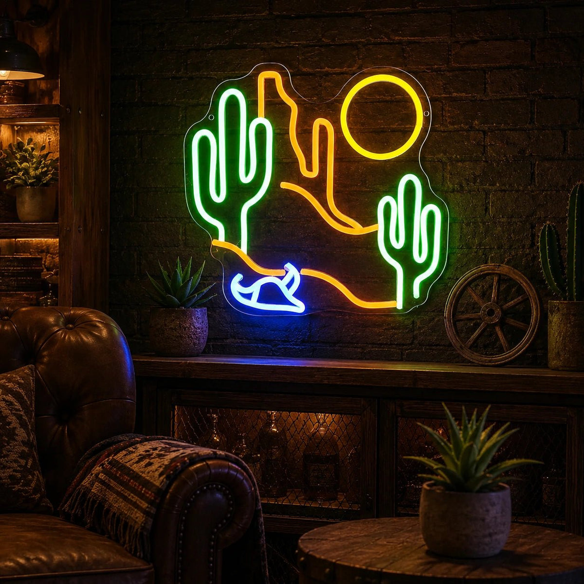 Desert Cactus Sun And Cowboy Hat LED Neon Sign - Shineneon