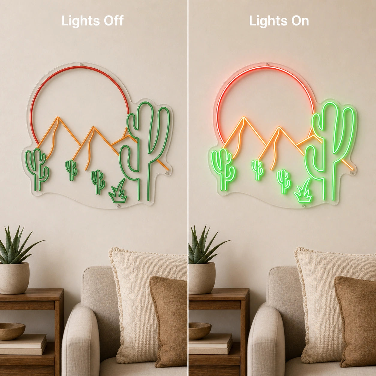 Desert Mountains Sun And Cactus LED Neon Sign day and night comparison