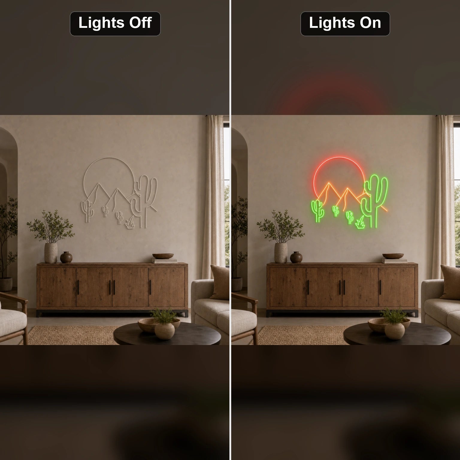 Desert Mountains Sun And Cactus LED Neon Sign Home Garage Wall Decoration day and night comparison