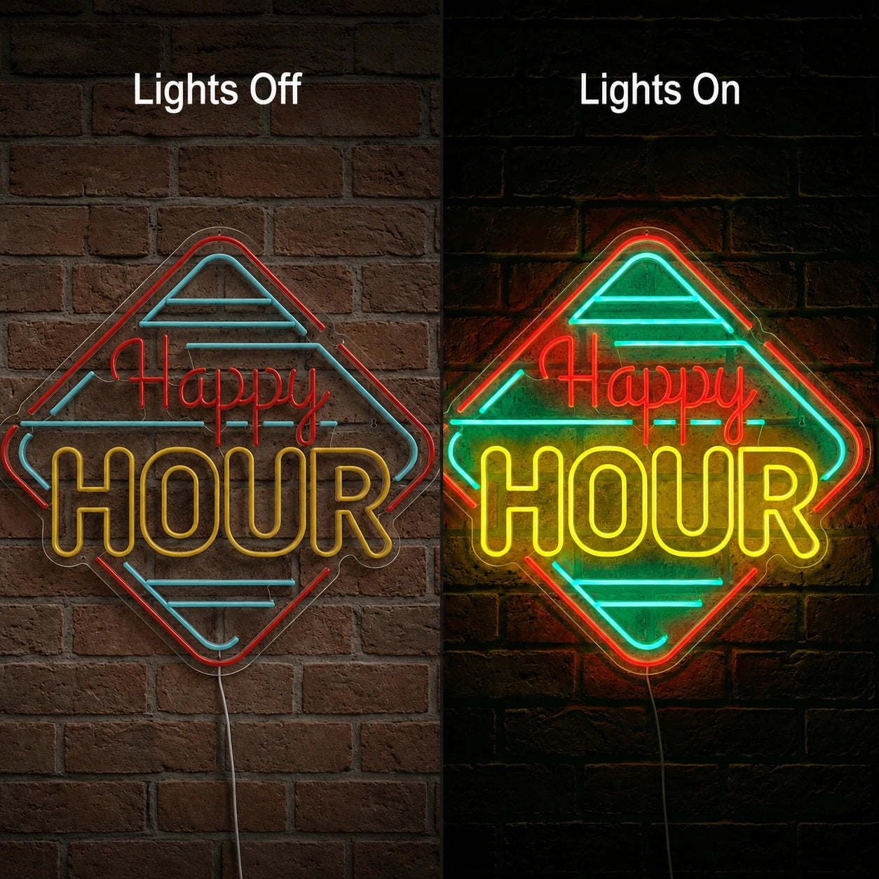 Diamond Happy Hour Neon Sign LED Neon Sign day and night comparison