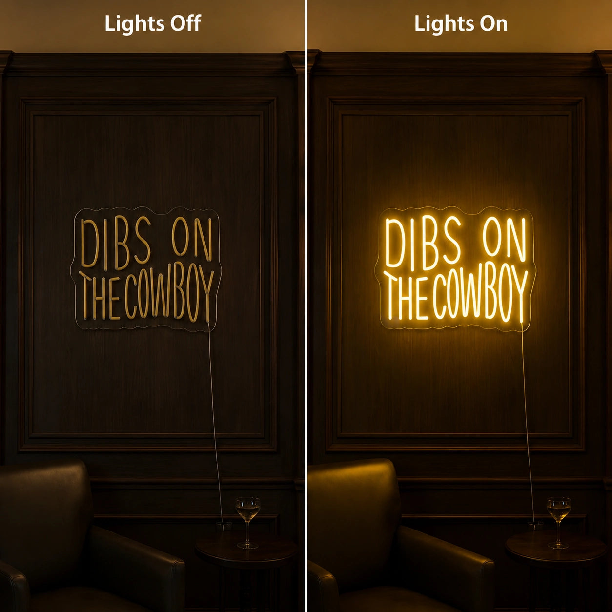Dibs On The Cowboy Neon Sign LED Neon Sign day and night comparison