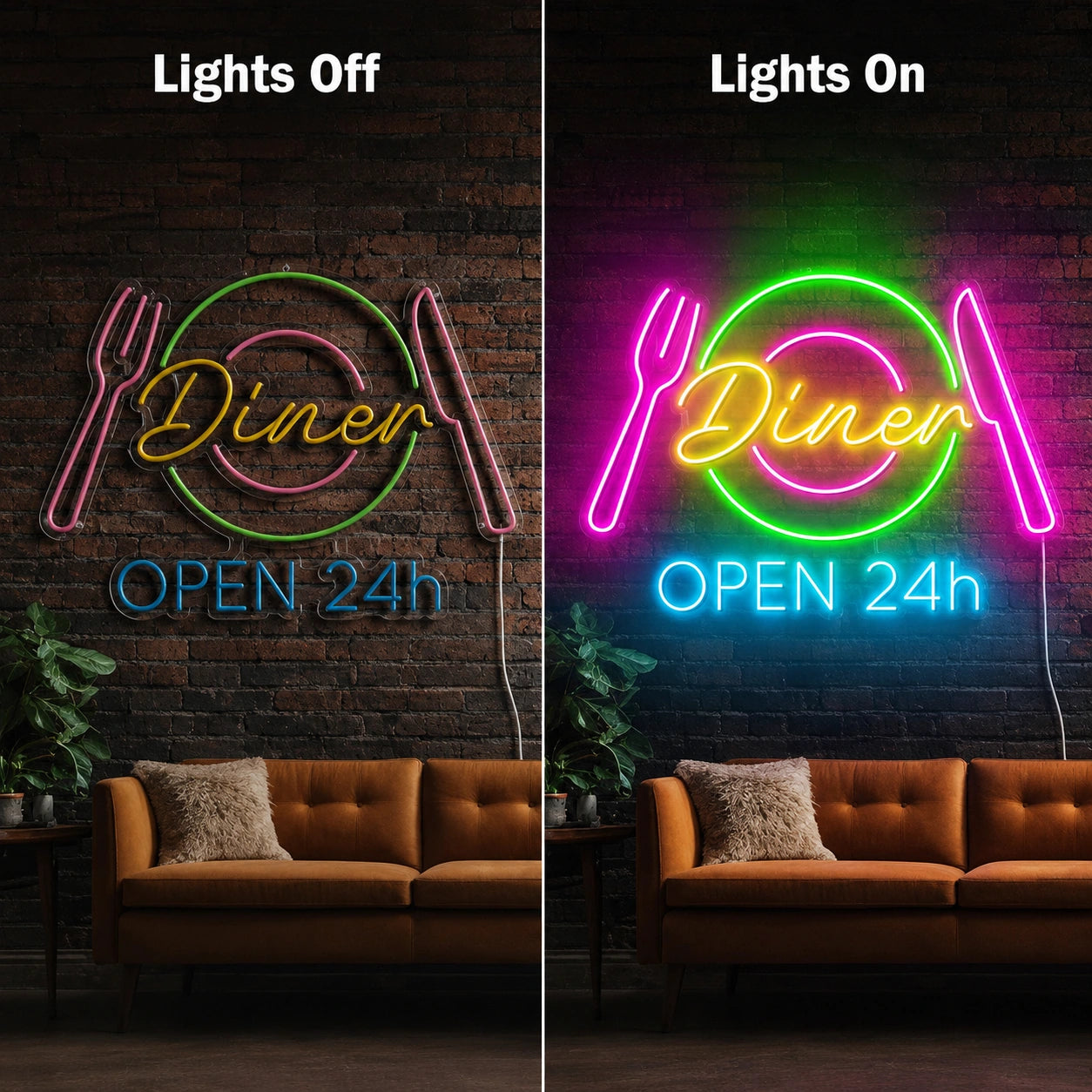 Diner Open Twenty Four Hours Neon Sign LED Neon Sign day and night comparison