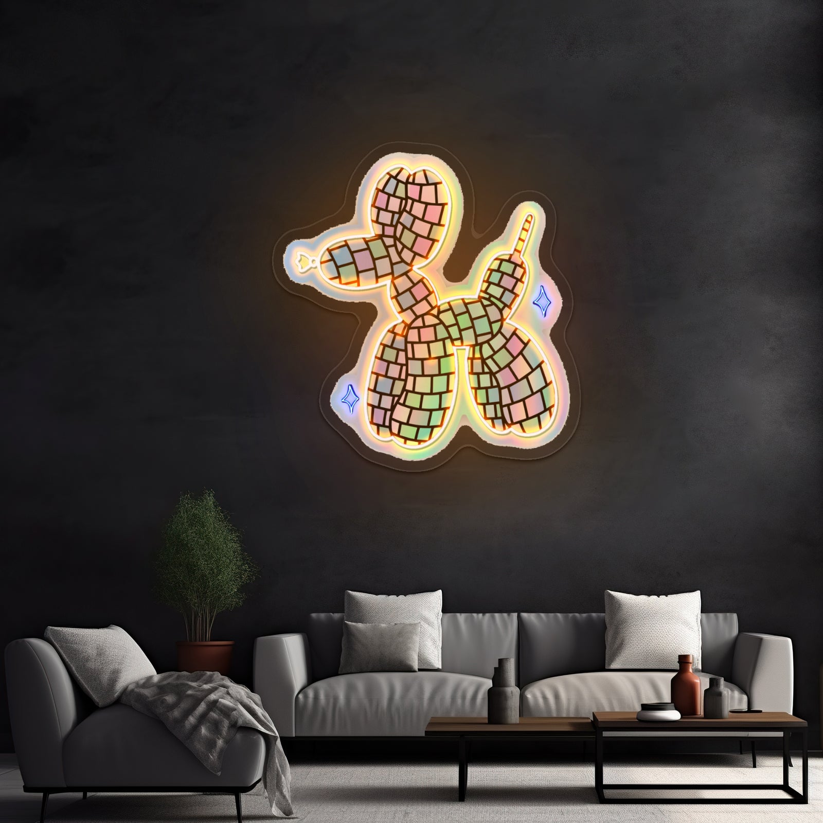 Disco Ball Balloon Dog Holographic Neon Signs For Business Decor