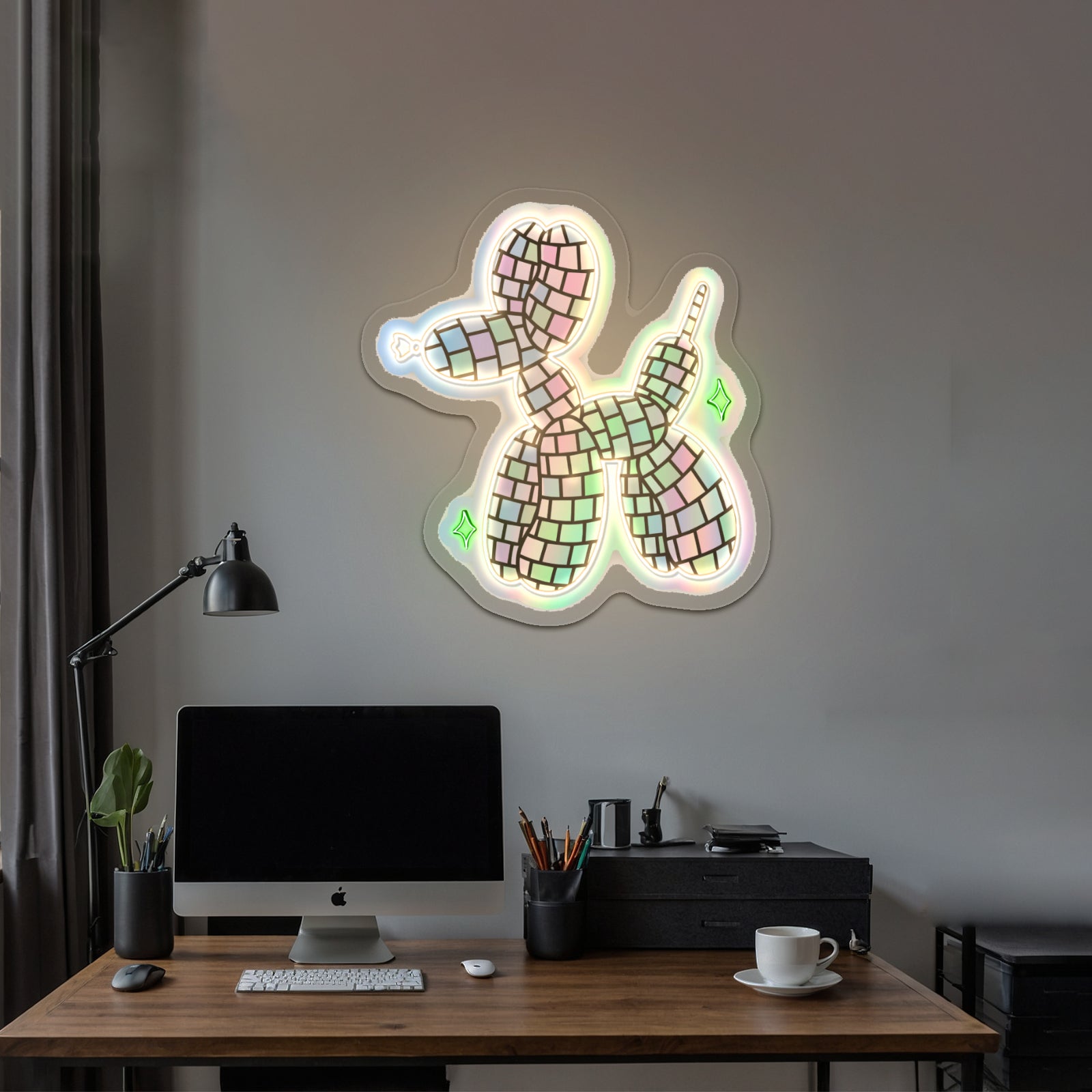 Disco Ball Balloon Dog Holographic Neon Signs For Business Decor
