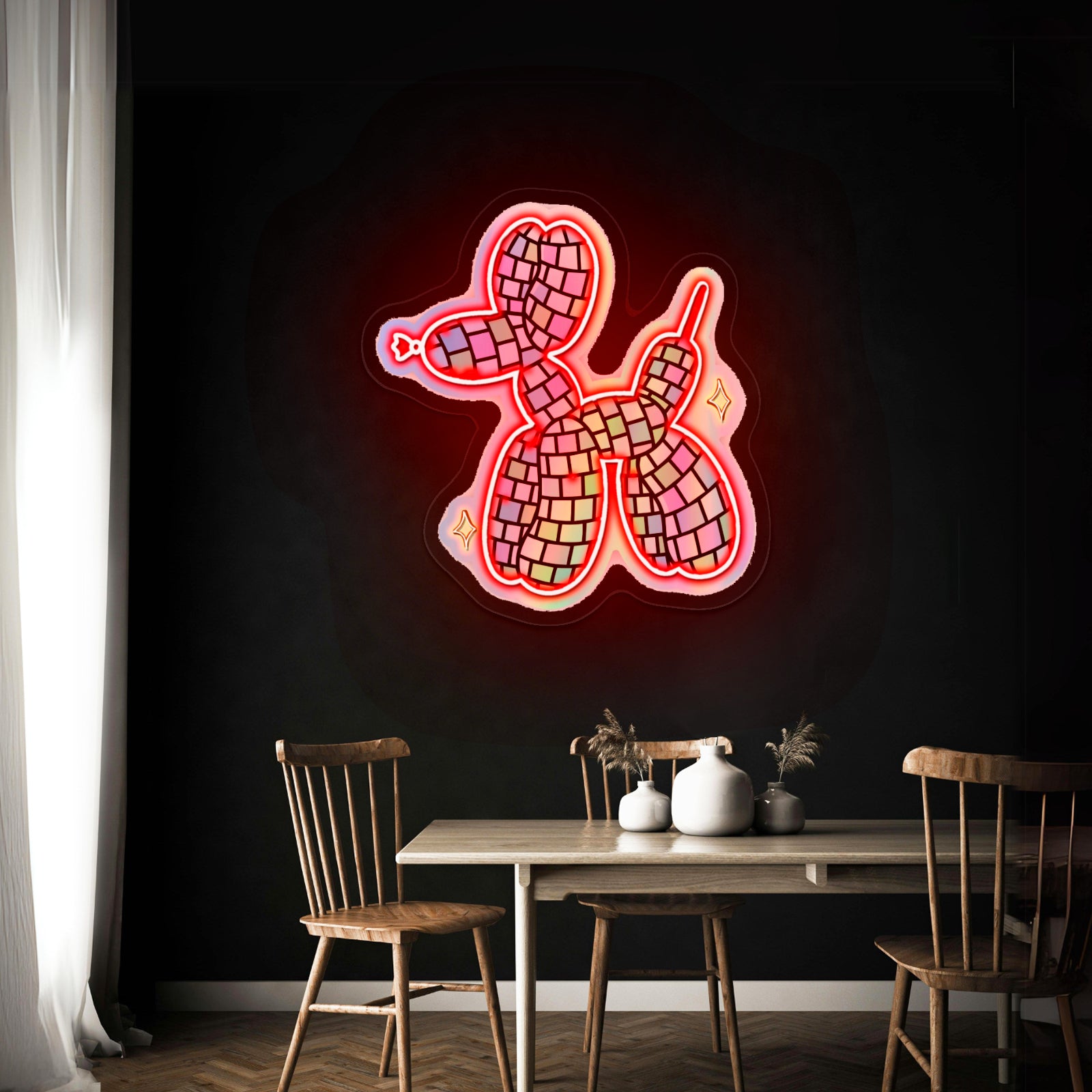 Disco Ball Balloon Dog Holographic Neon Signs For Business Decor