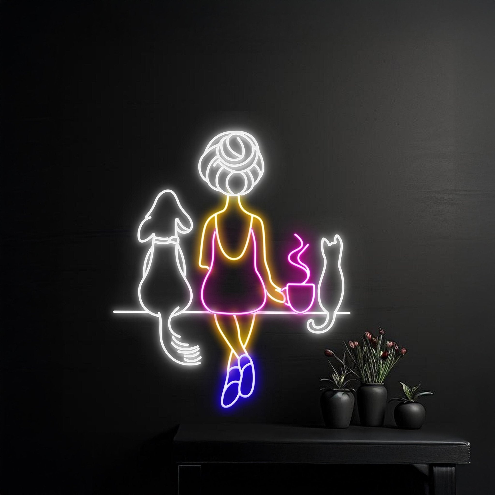 Dog Cat Girl Coffee Neon Sign - Shineneon