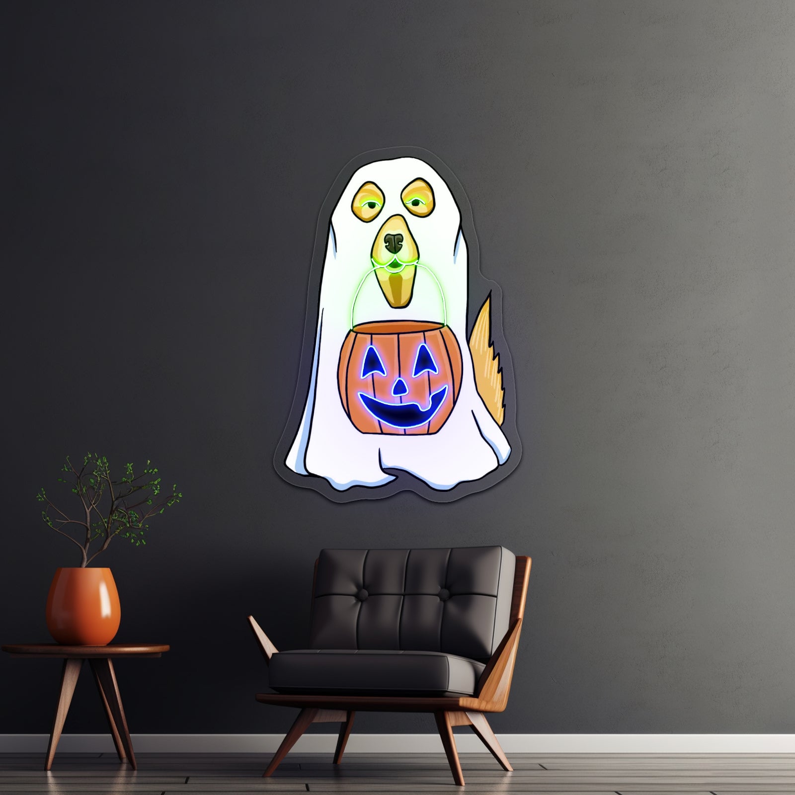 Dog In Ghost Costume Halloween Neon Signs