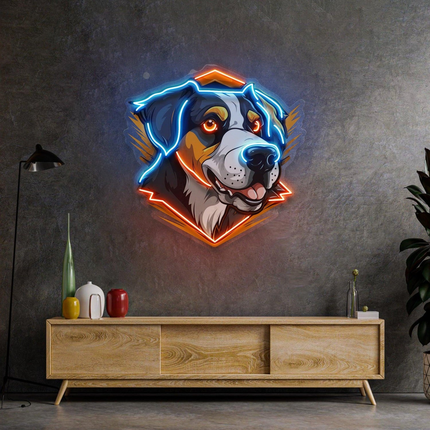 Dog Mascot Blue-Orange Geometric Uv Printed Led Neon Sign Indoor Wall Art | Shineneon