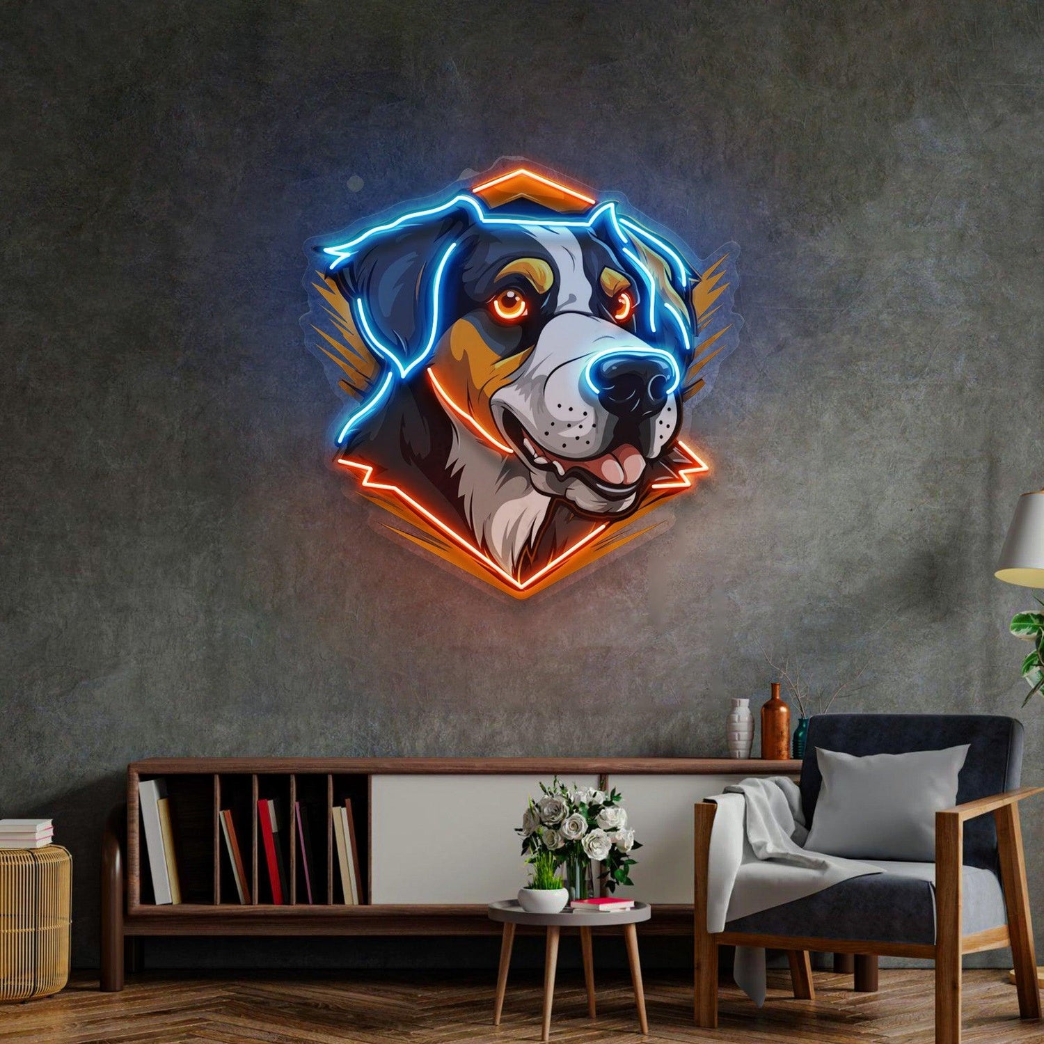 Dog Mascot Blue-Orange Geometric Uv Printed Led Neon Sign Indoor Wall Art | Shineneon
