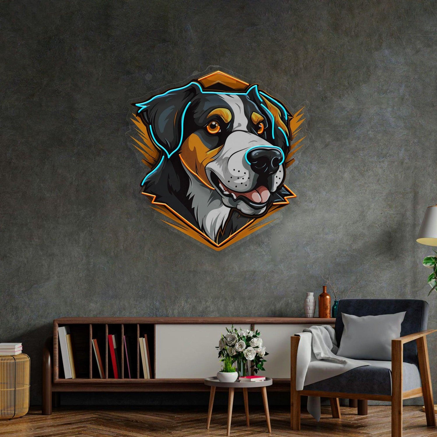 Dog Mascot Blue-Orange Geometric Uv Printed Led Neon Sign Indoor Wall Art | Shineneon