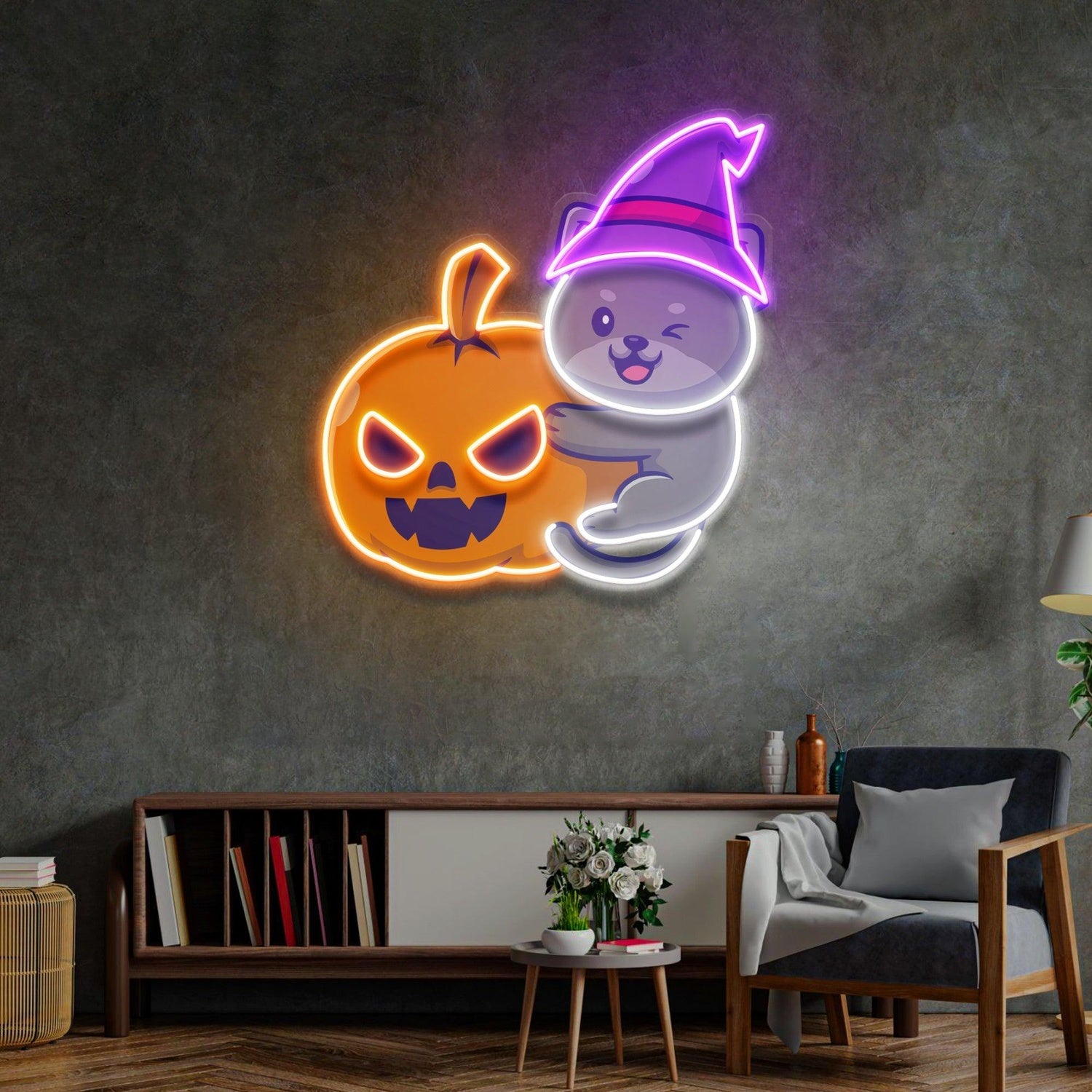 Dog Pumpkin Witch Hat Cartoon Uv Printed Led Neon Sign Halloween Home Decor | Shineneon