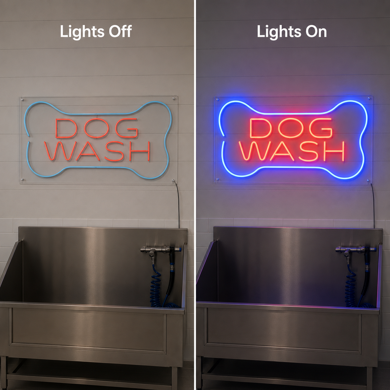 Dog Wash LED Neon Sign - 06 Day Night Comparison