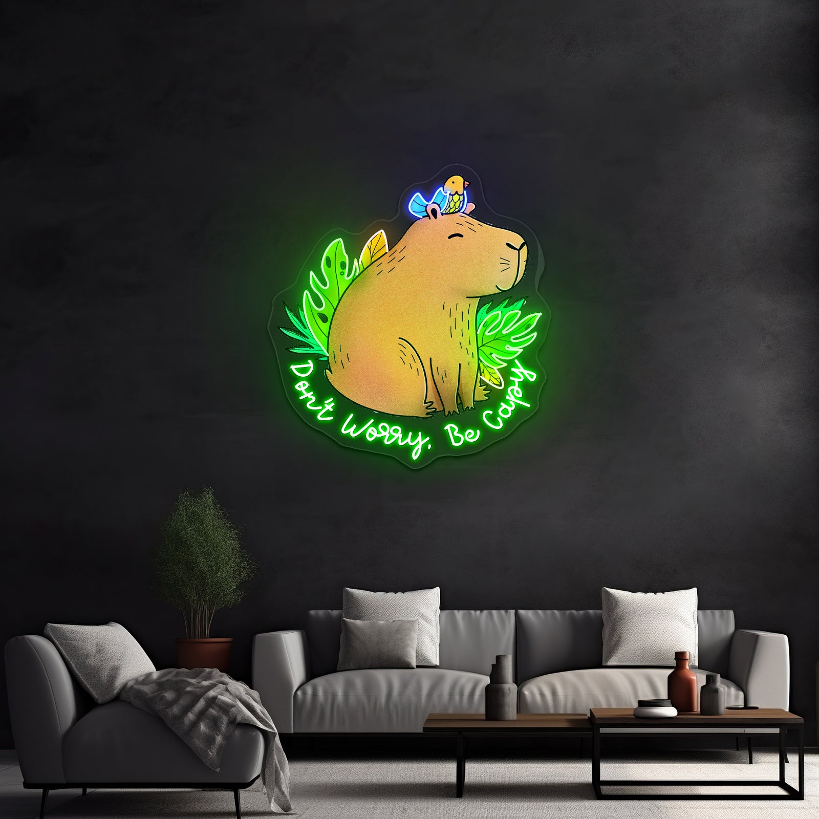 Dont Worry Be Capy Capybara And Bird Funny Animal Neon Signs