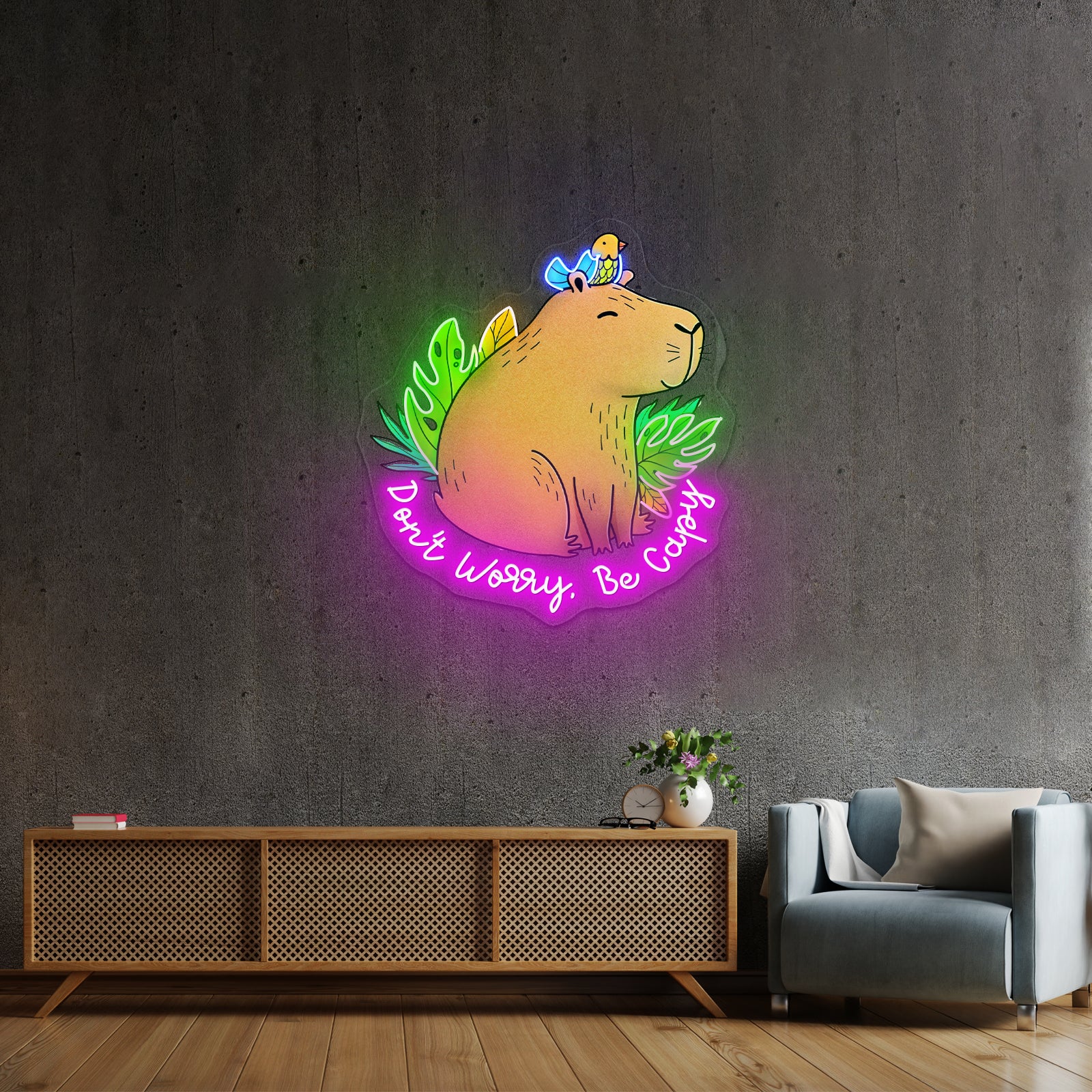 Dont Worry Be Capy Capybara And Bird Funny Animal Neon Signs