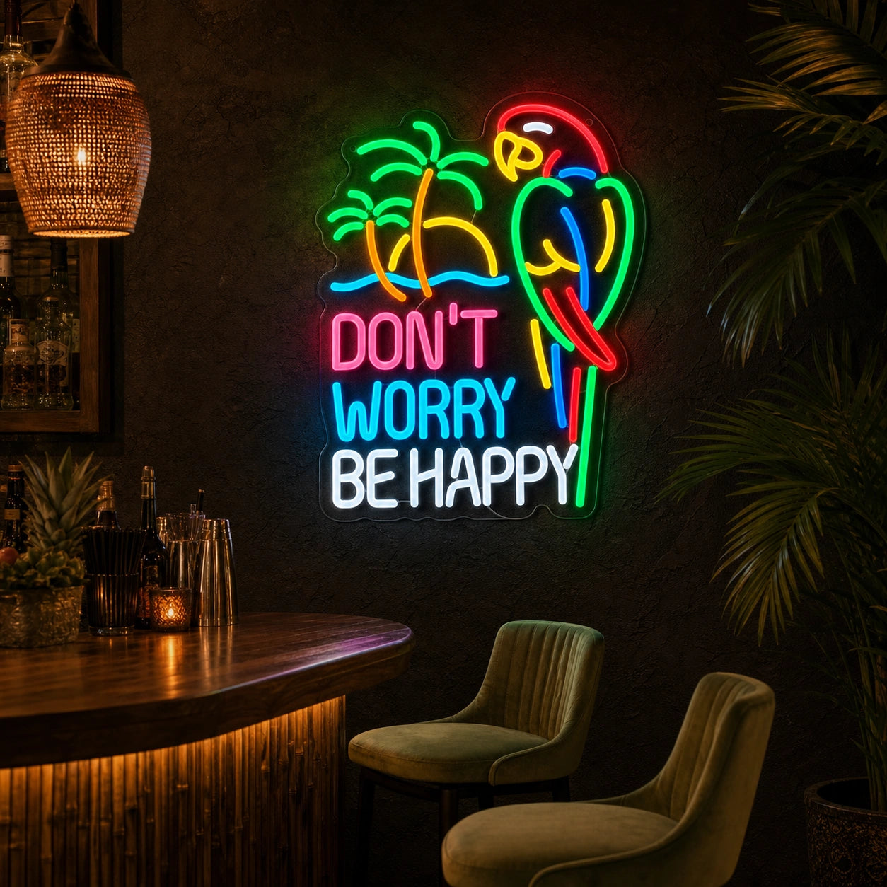 Dont Worry Be Happy LED Neon Sign Home Garage Wall Decoration real lifestyle scene