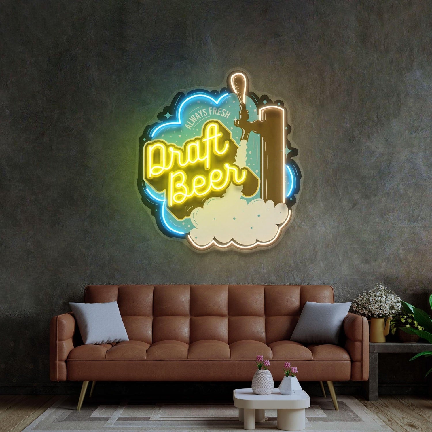 Draft Beer Blue-Yellow Uv Printed Led Neon Sign With Foam Art For Bar Restaurant Decor | Shineneon