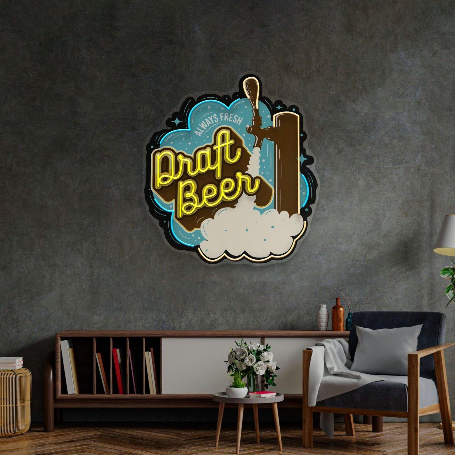 Draft Beer Blue-Yellow Uv Printed Led Neon Sign With Foam Art For Bar Restaurant Decor | Shineneon