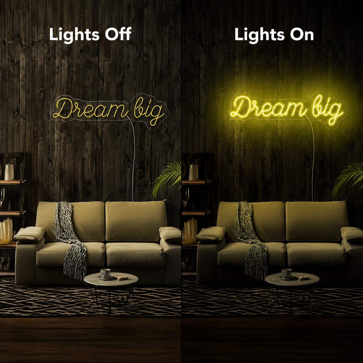 Dream Big LED Neon Sign Living Room Decor - 06 Day Night Comparison