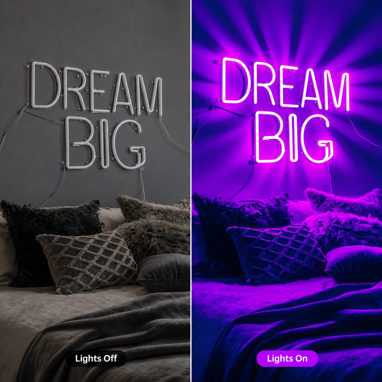 Dream Big Modern LED Neon Sign - 06 Day Night Comparison