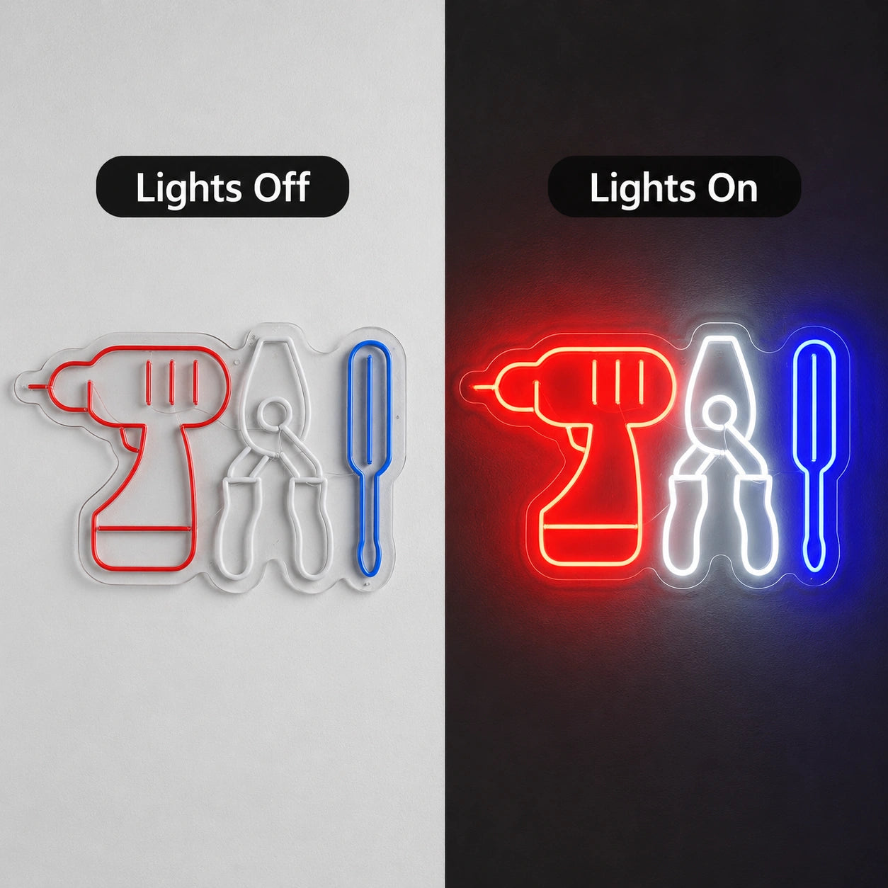 Drill And Tools Neon Sign LED Neon Sign day and night comparison