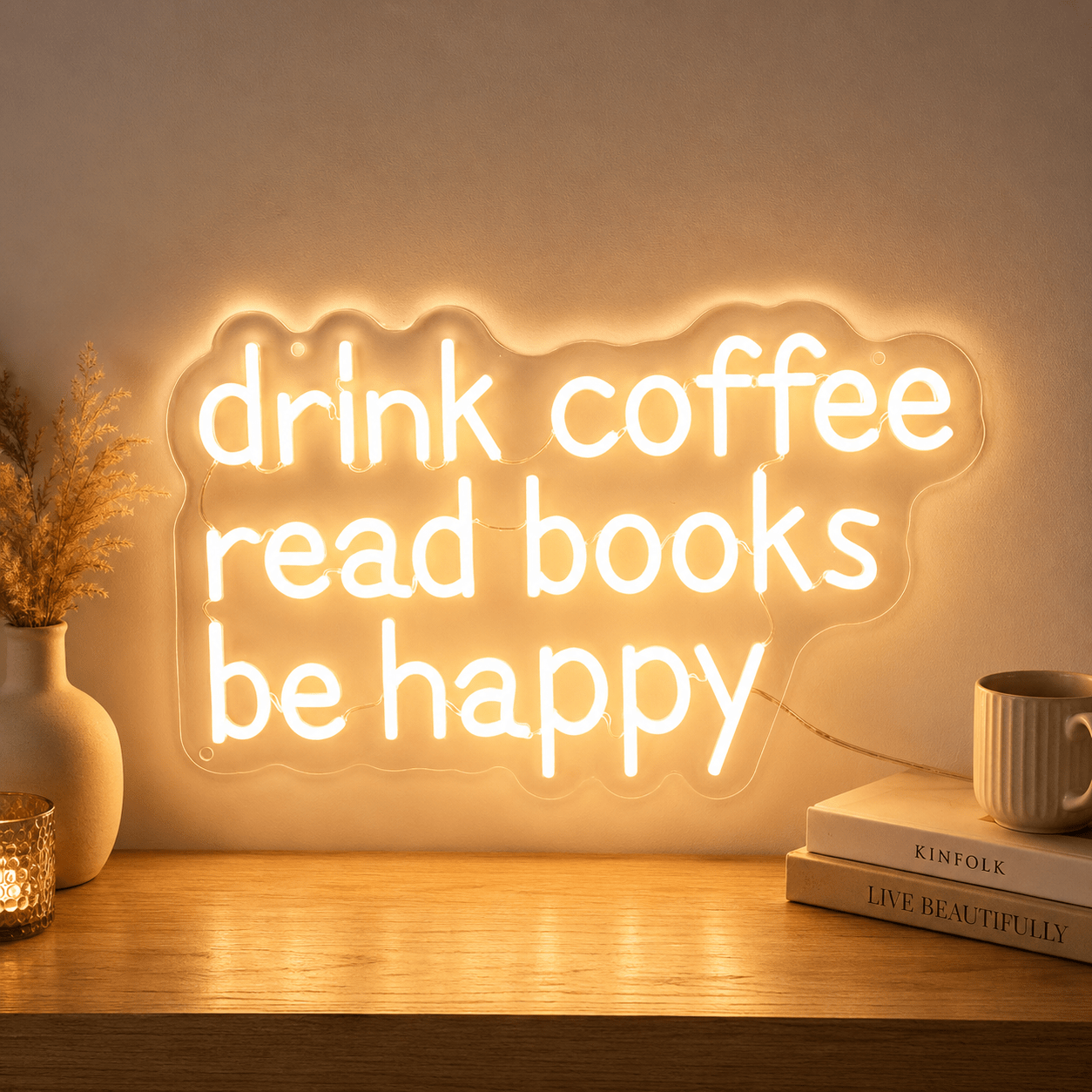Drink Coffee Read Books Be Happy Wall Decor LED Neon Sign - Shineneon