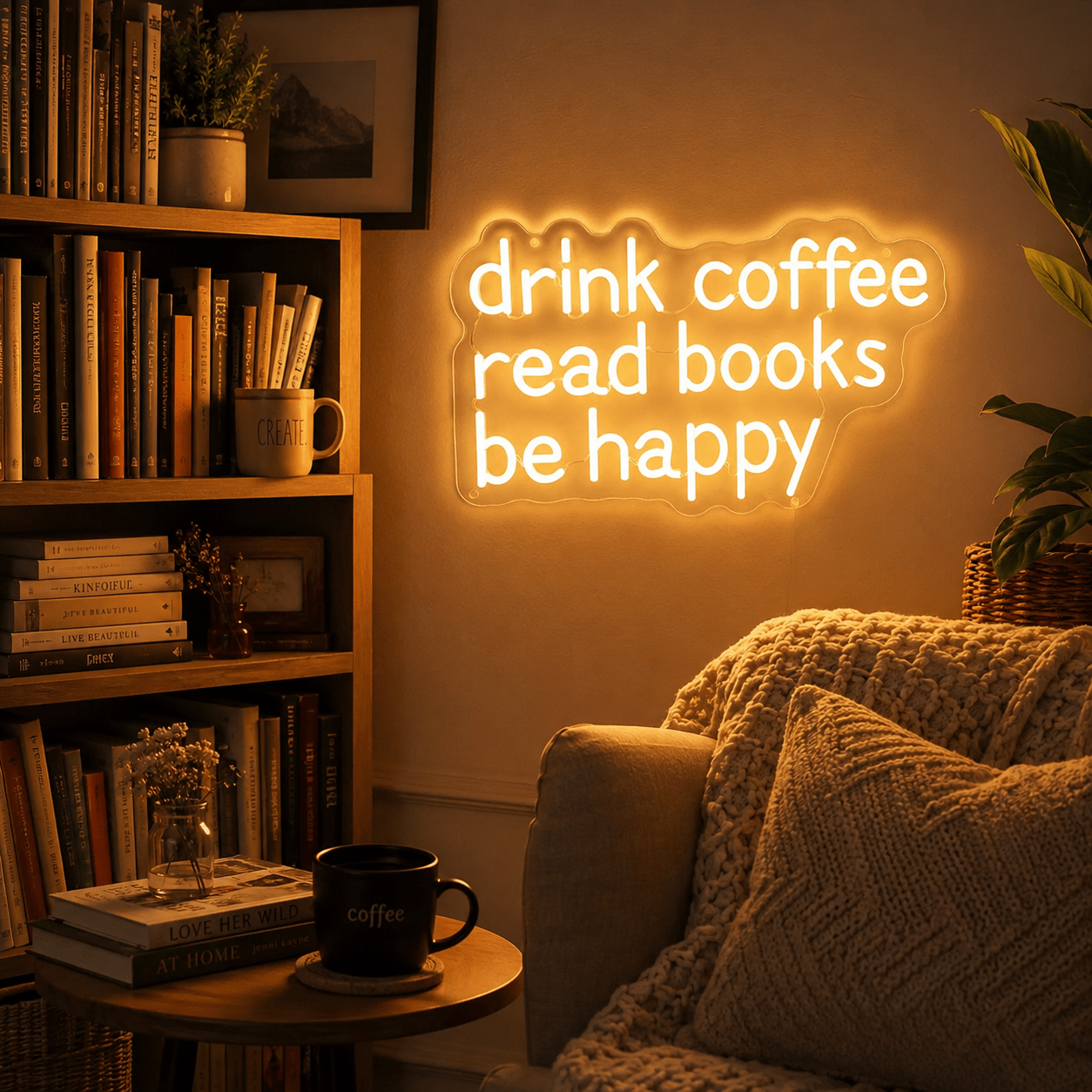 Drink Coffee Read Books Be Happy Wall Decor LED Neon Sign - Shineneon