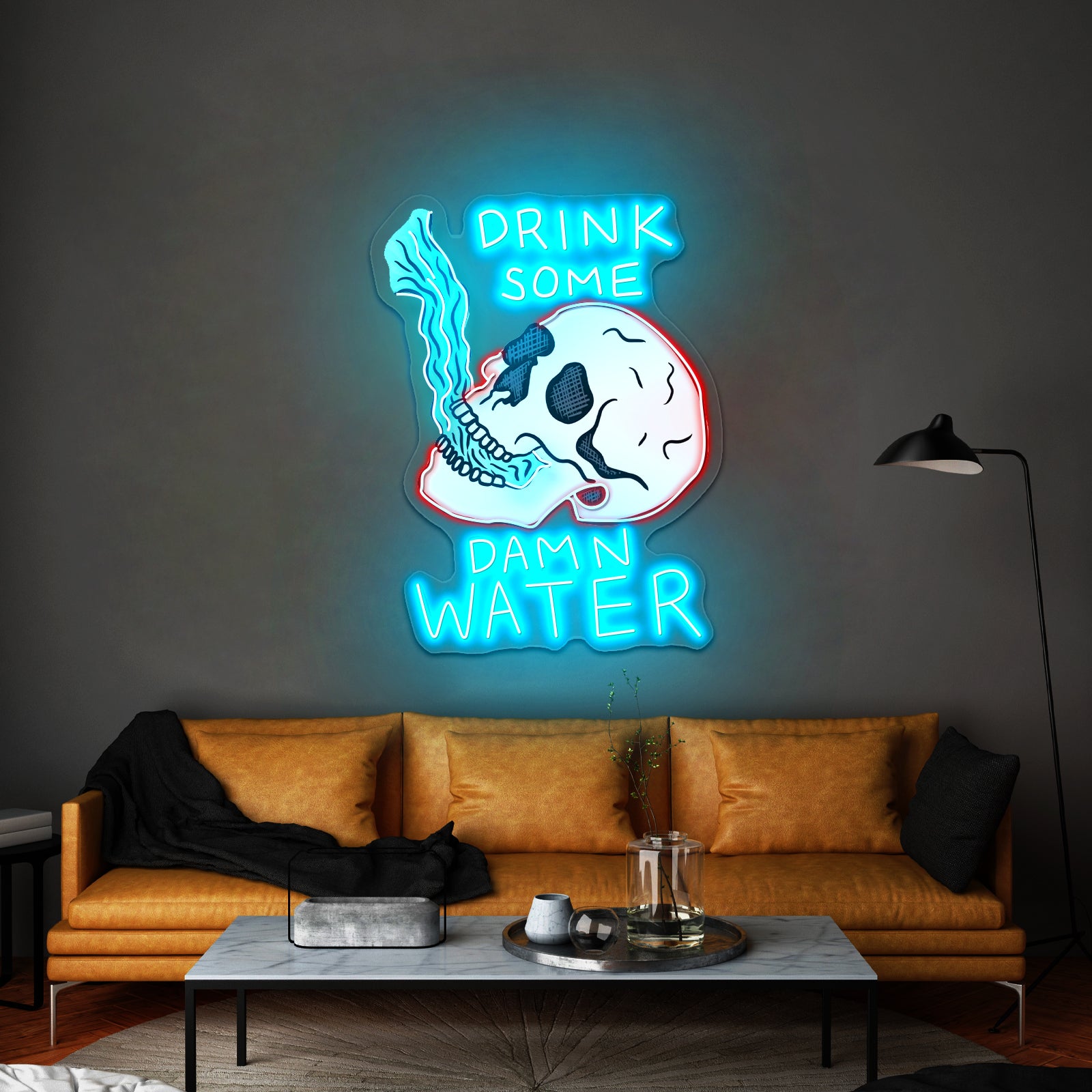 Drink Some Damn Water Skull Neon Bar Signs