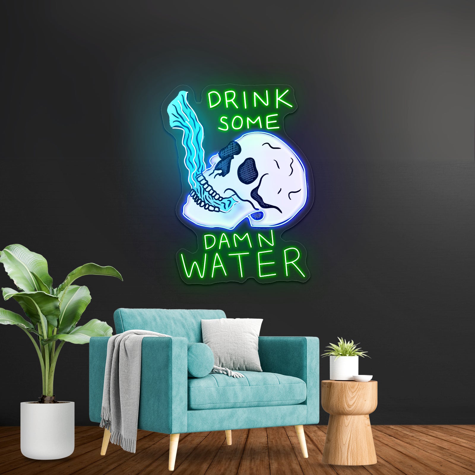 Drink Some Damn Water Skull Neon Bar Signs