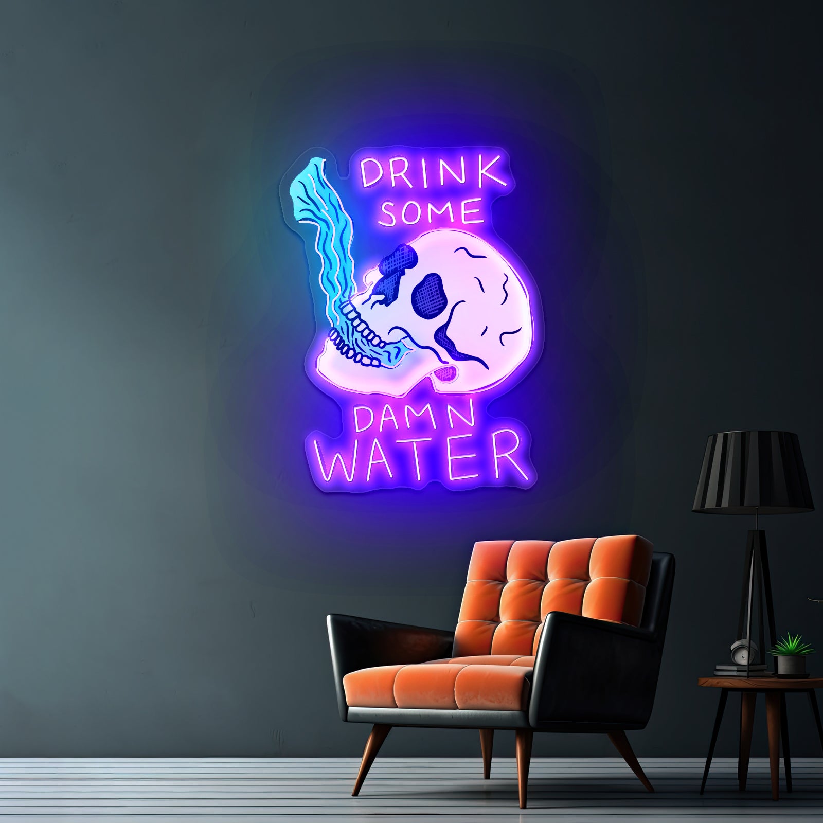 Drink Some Damn Water Skull Neon Bar Signs