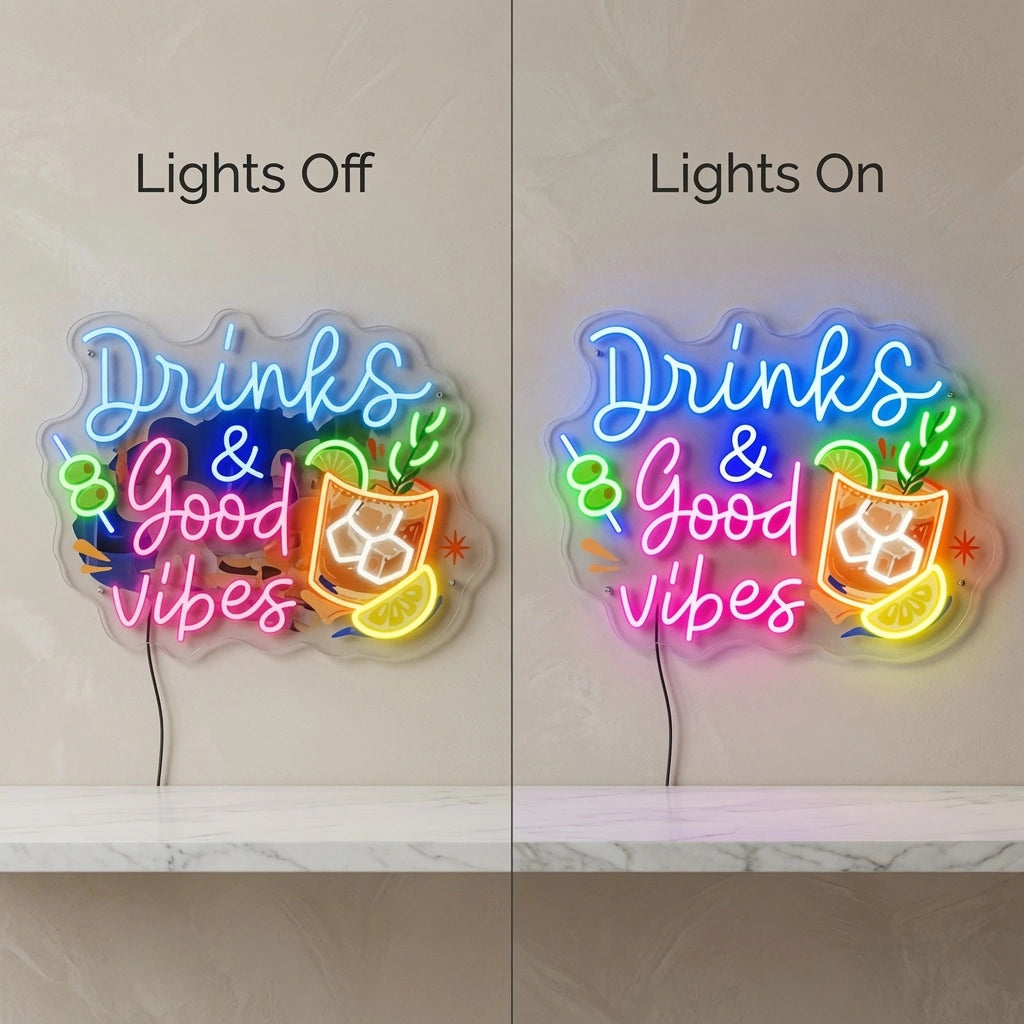 Drinks And Good Vibes LED Neon Sign - 06 Day Night Comparison