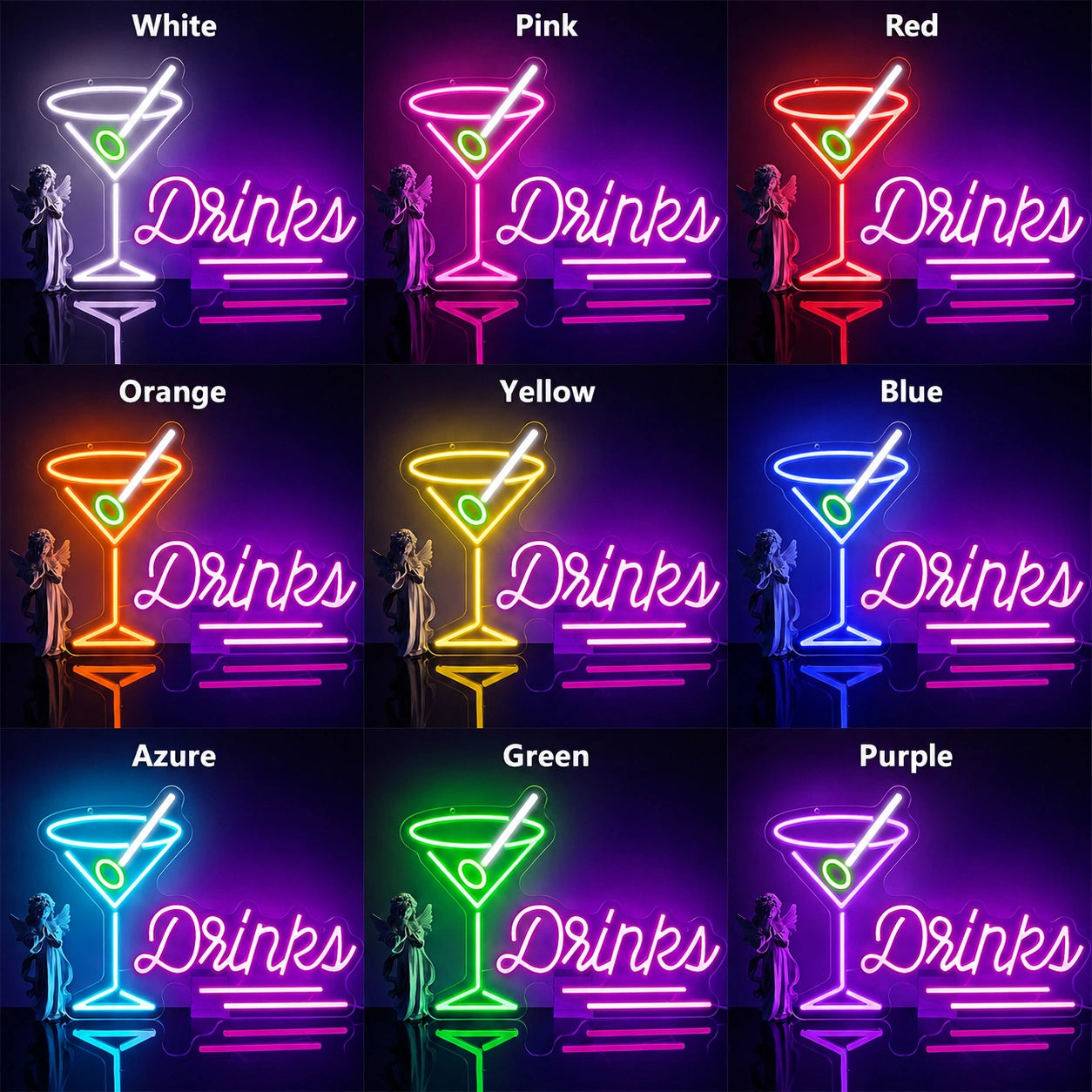 Drinks Martini Glass Man Cave LED Neon Sign day and night comparison